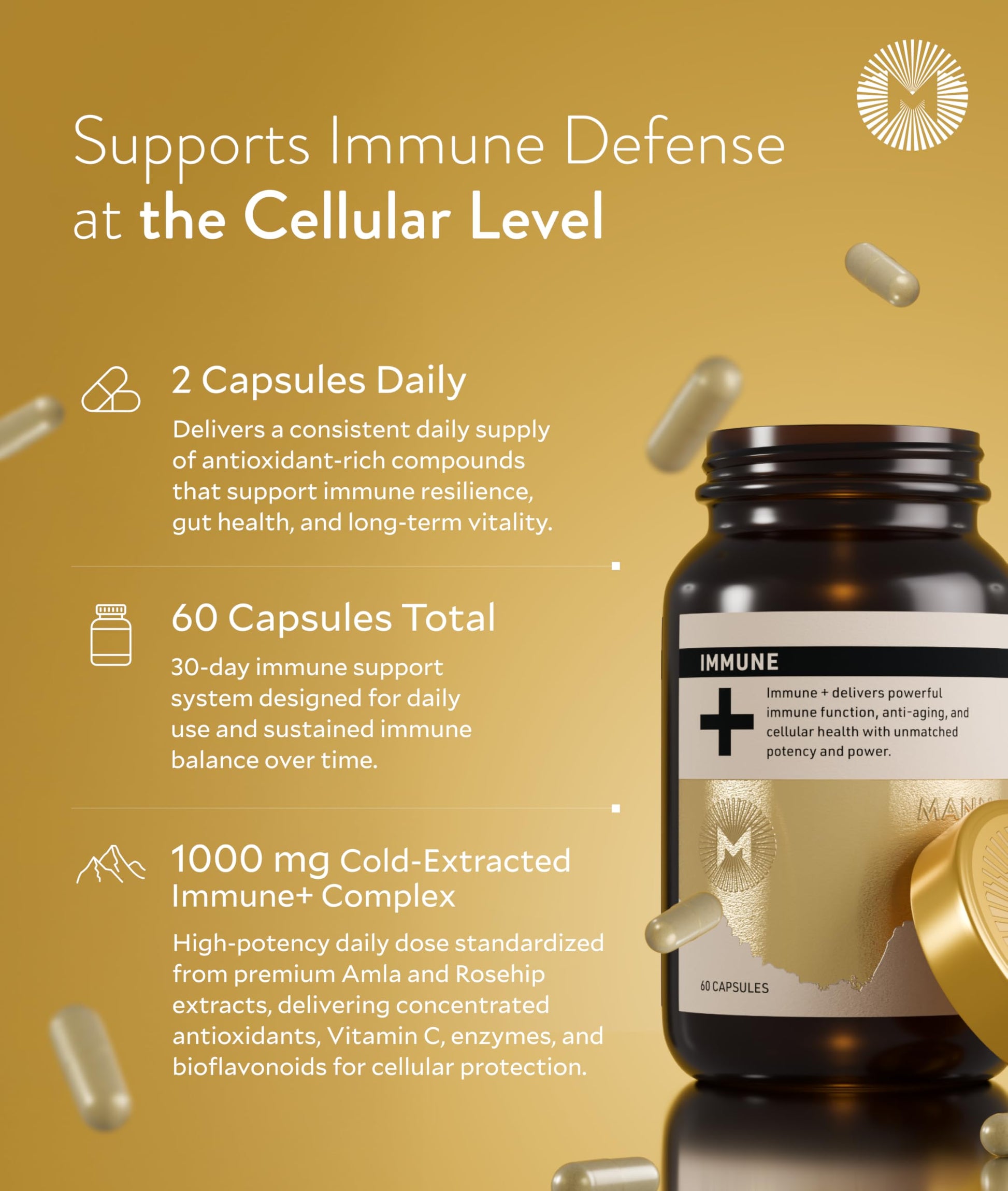 Manna Immune+ Capsules | 500mg Amla Extract & 500mg Rosehip Extract | Vitamin C Supplement for Immune Boost, Antioxidants, Heart Health, Digestion & Immune System Support | For Daily Use | 60 Count M Manna uk supplements