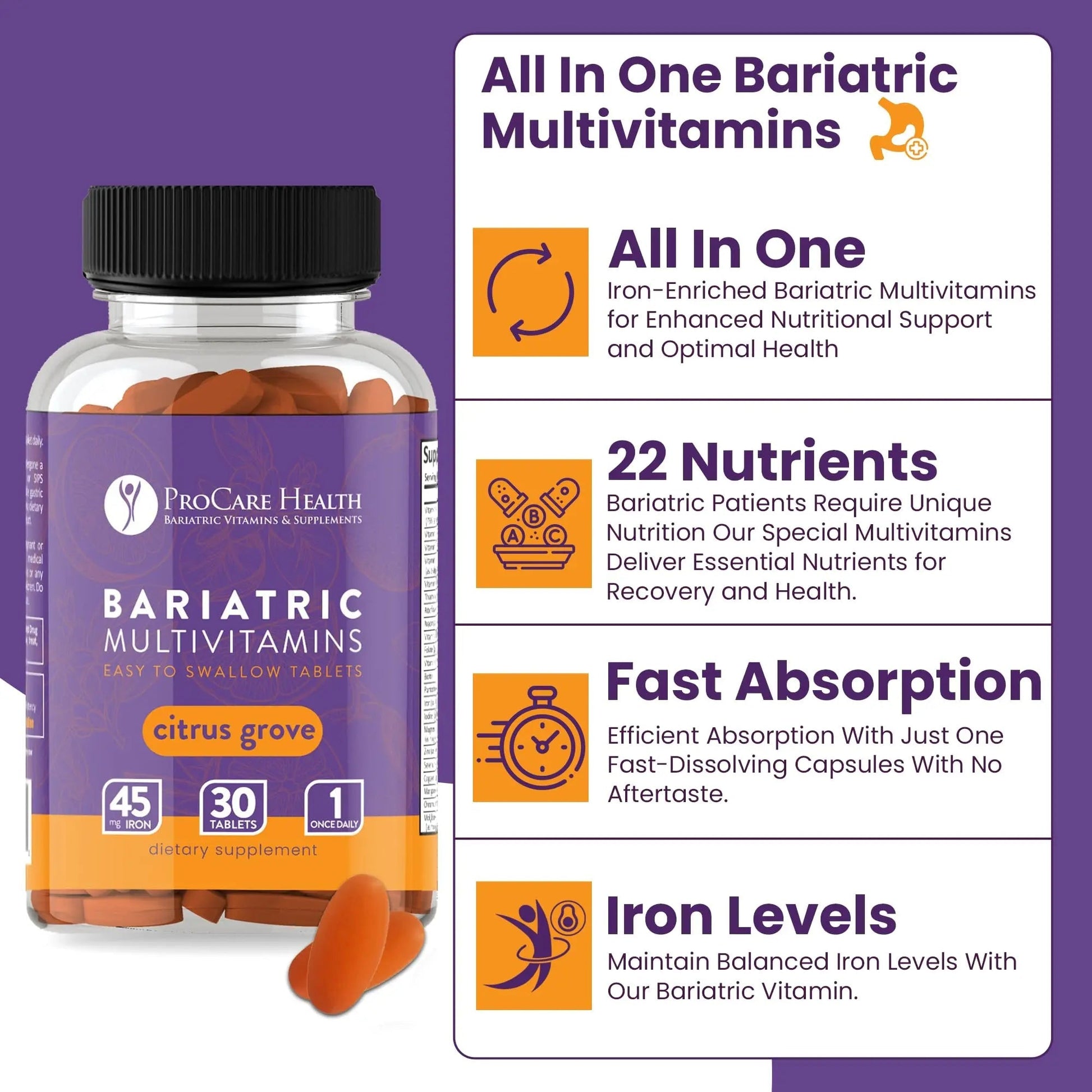 Procare Health Bariatric Multivitamin with Iron 45mg Easy to Swallow 30 Tablets - Post Op Bariatric Vitamins for Gastric Bypass Pills ProCare Health uk supplements