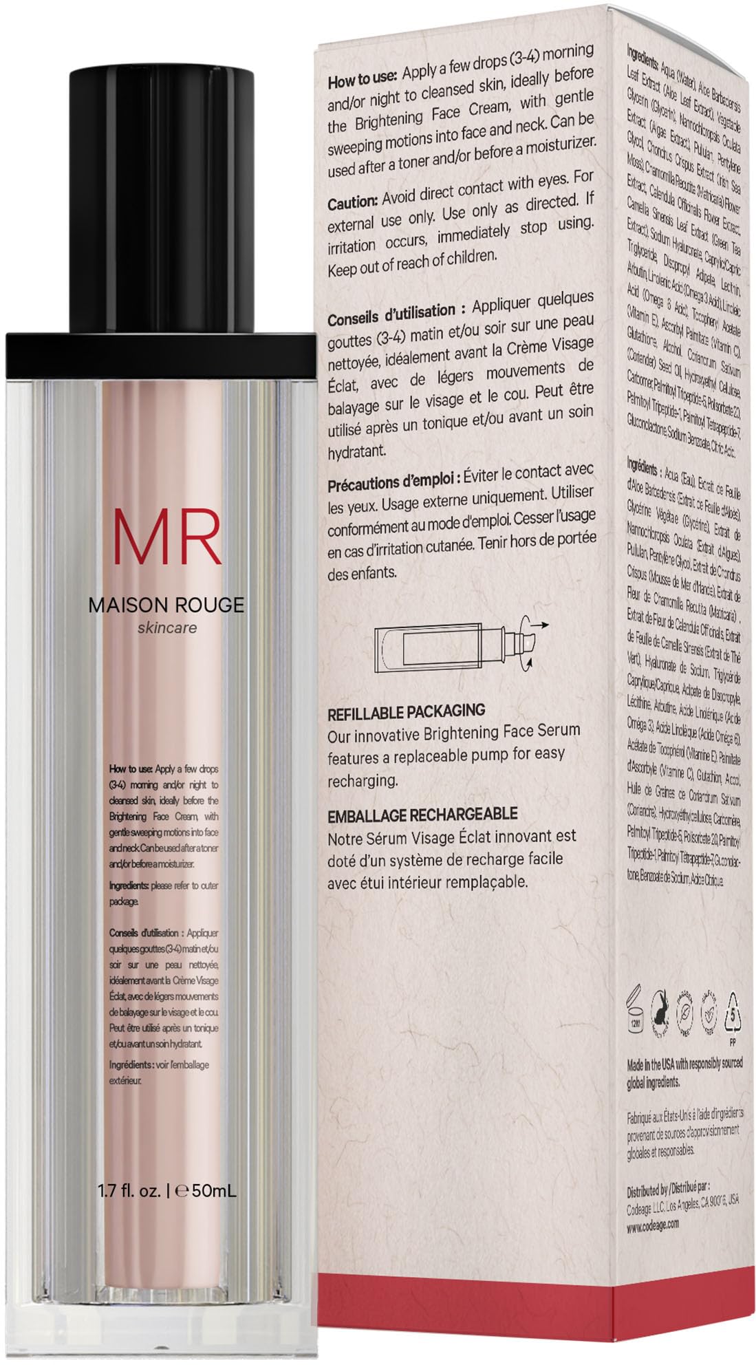 Maison Rouge Brightening Face Serum by Codeage - Glutathione Serum, Vitamin C, E, Hyaluronic Acid, Collagen - Radiance Enhancing - Parabens and Sulfates-Free - Refillable - All Skin Types - 1.7 fl oz Codeage uk supplements