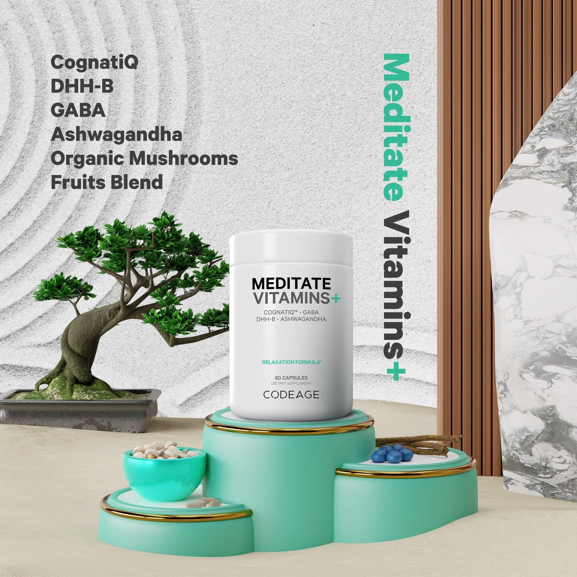 Codeage Meditate Vitamins+ Supplement - CognatiQ, DHH-B, GABA, Ashwagandha, Organic Mushrooms, Blueberries - BDNF Brain Pills and Neuroprotein - Vegan, Non-GMO, Gluten-Free - 60 Capsules Codeage uk supplements