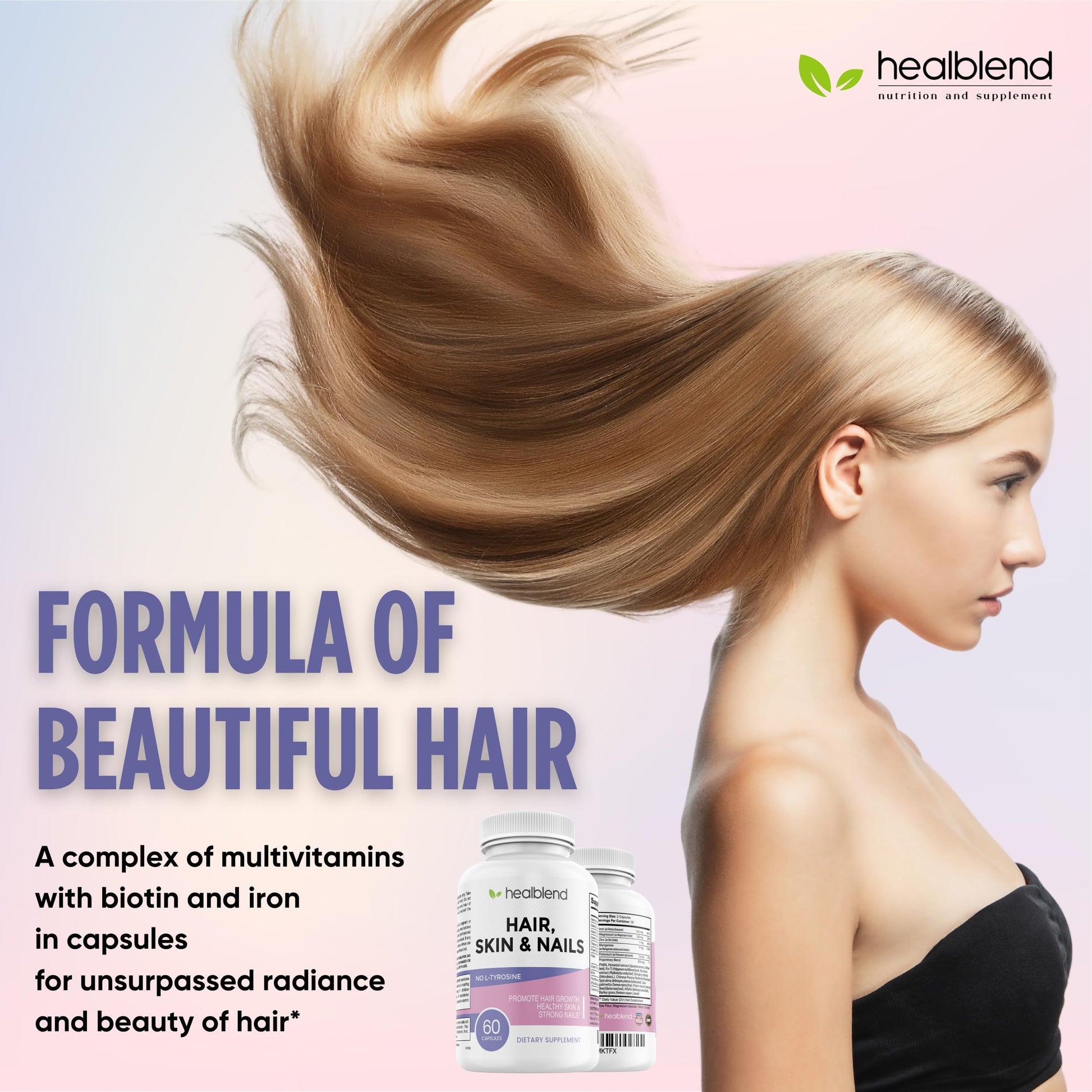 healblend Hair Skin and Nails Vitamins for Women with Biotin 5000 mcg, Iron and Manganese | Vegan, Non-GMO | 60 Capsules healblend uk supplements