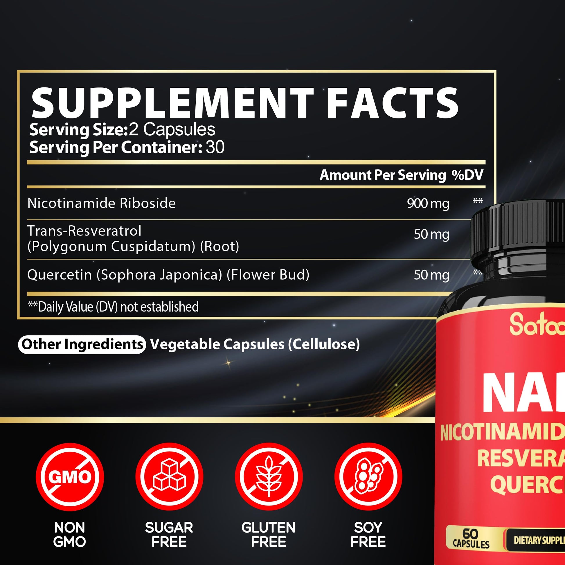 Satoomi NAD Supplement with Nicotinamide Riboside NR, Resveratrol, Quercetin - 60 Count - 30 Days Satoomi uk supplements