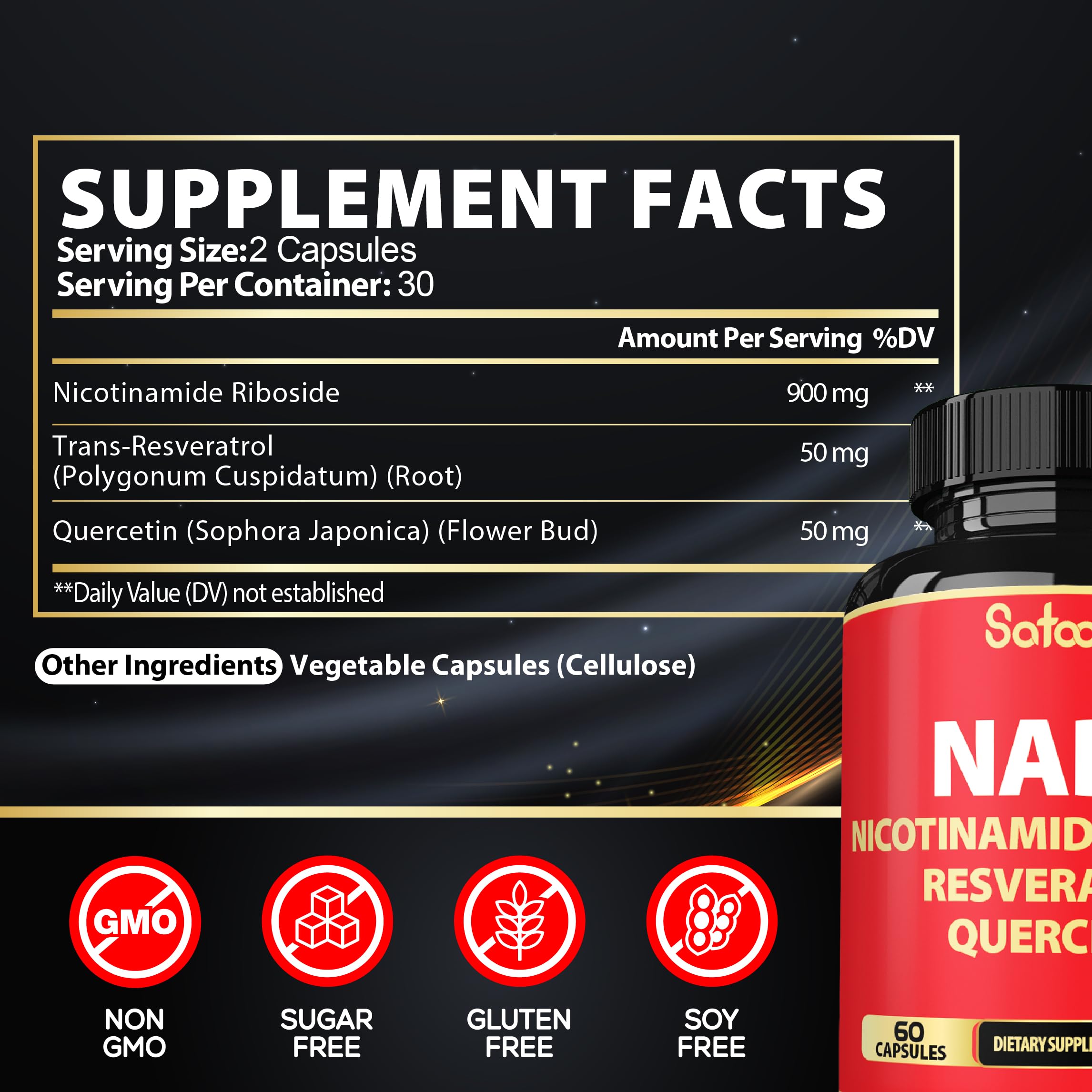 Satoomi NAD Supplement with Nicotinamide Riboside NR, Resveratrol, Quercetin - 60 Count - 30 Days Satoomi uk supplements