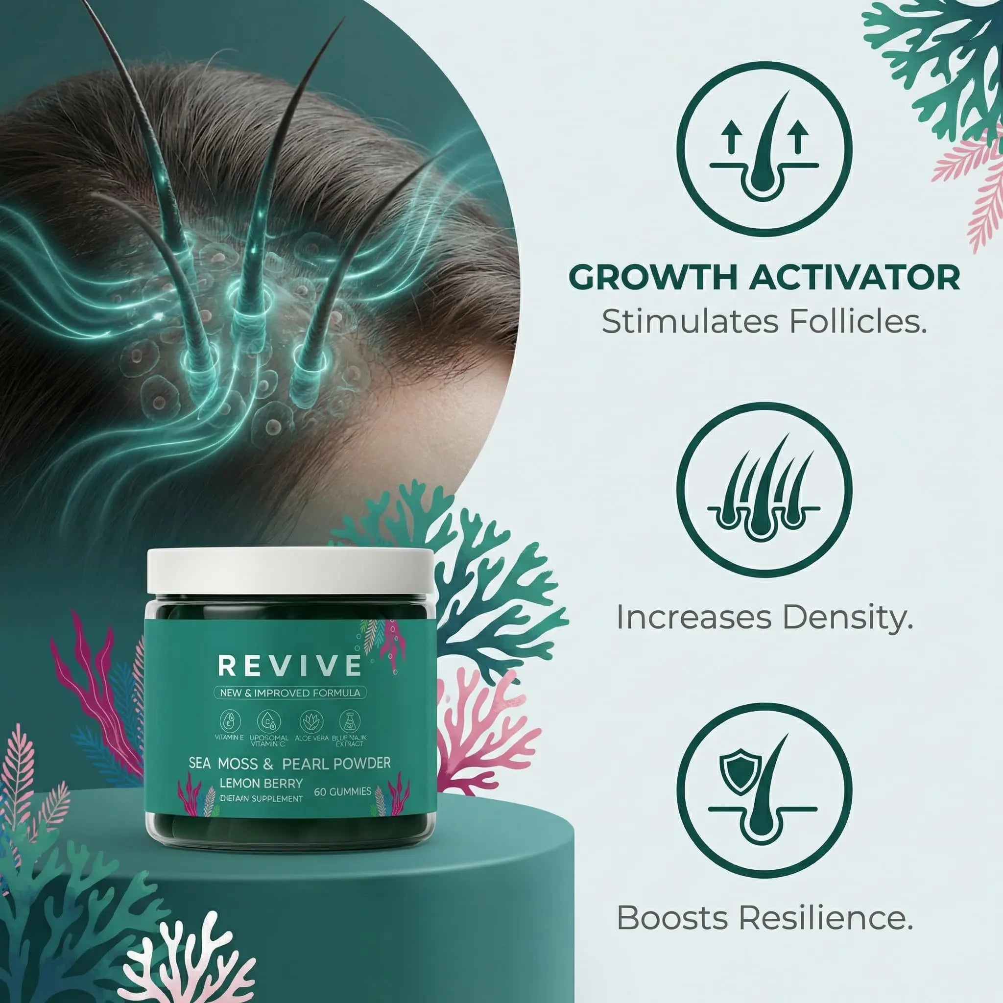 Balmbare Revive Gummies for Hair Loss - Sea Moss Gummies with Vitamin C, Vitamin E, Aloe Vera, Pearl Powder Supports Faster Hair Growth Rulinal uk supplements