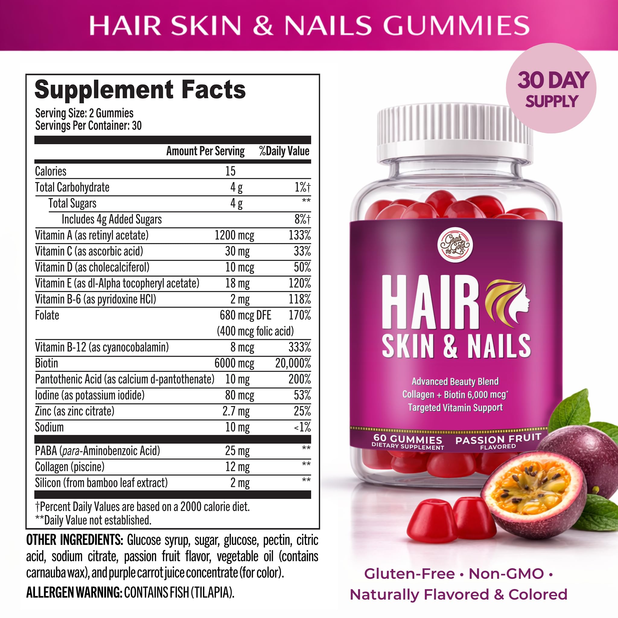 Grab The Gold Hair Skin & Nails Vitamins for Women | Gummies with 6000mcg Biotin & Collagen | 10 Essential Vitamin & Minerals | Gluten-Free, Non-GMO, Passion Fruit Flavor | 1 Month Supply, Made in USA Grab The Gold uk supplements