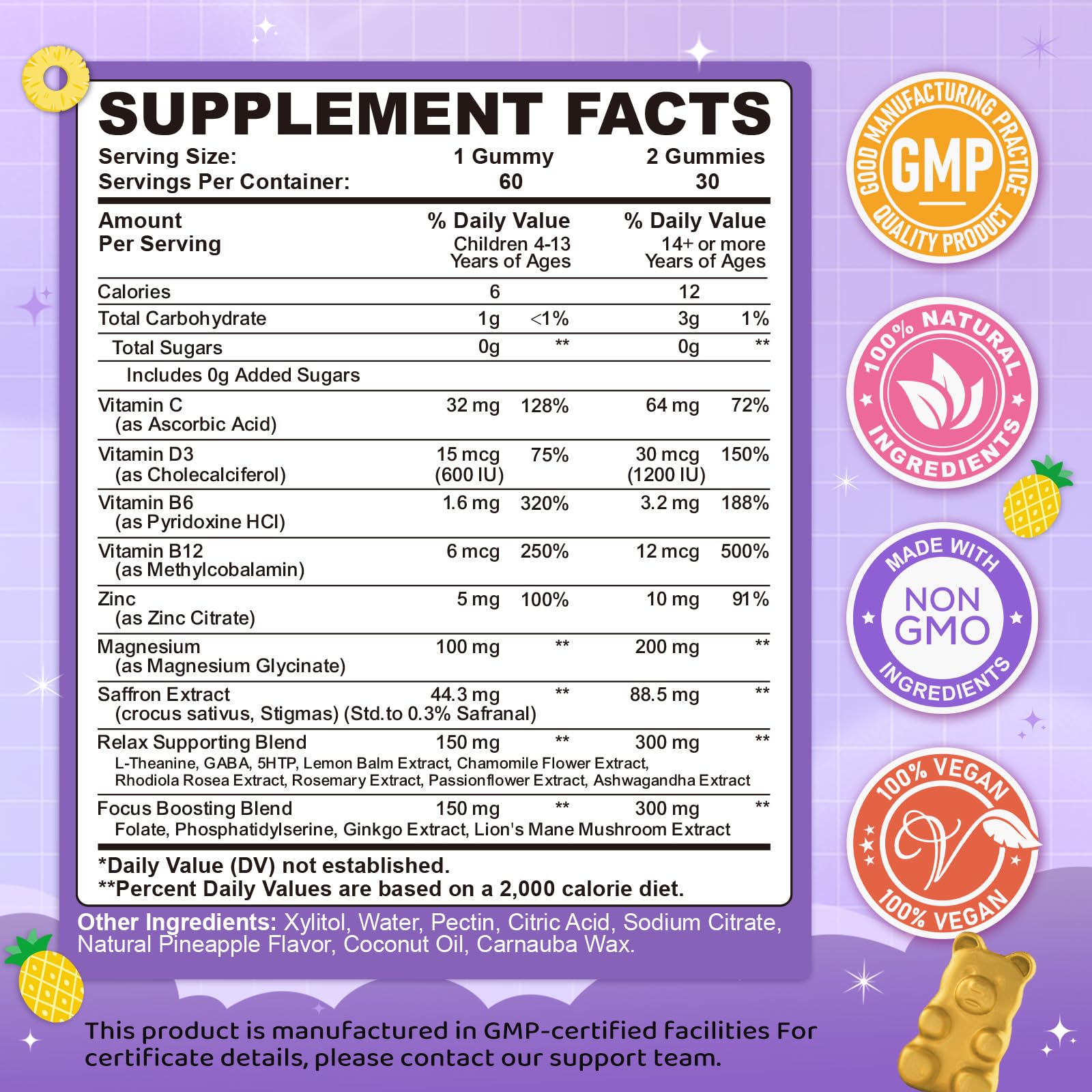 Saffron Gummies for Kids & Adults, 20-in-1 Saffron Supplements with 88.5mg Saffron Extract, B6, B12, C, D3, Magnesium for Calm, Focus, Nerve, Sugar Free, Vegan, Non-GMO - Pineapple Flavor, 60 Counts CFILIHTC uk supplements
