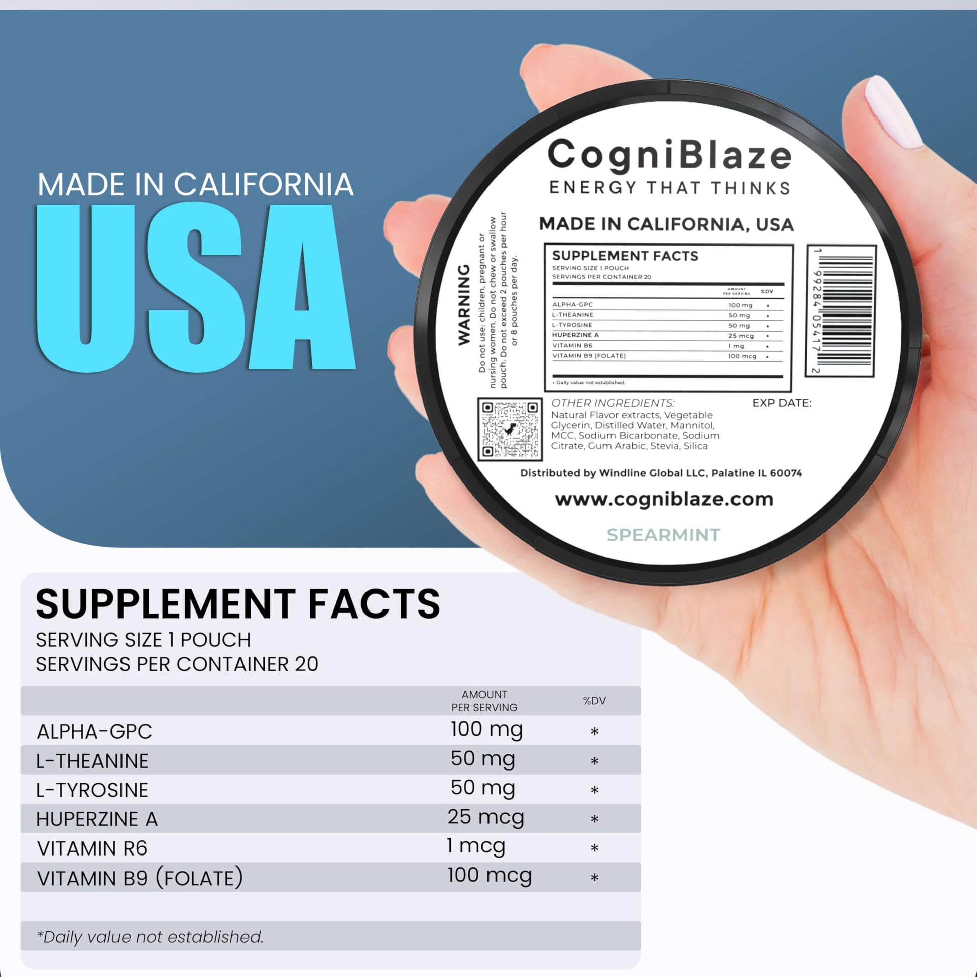 CogniBlaze Nootropic Pouches Caffeine Free (Spearmint) | 80 Focus Pouches for Clarity | 4 Pack (20 Per Can) | Mental Energy Pouches | 25mcg Huperzine A per Nootropic Pouch | Zero Calories CogniBlaze uk supplements