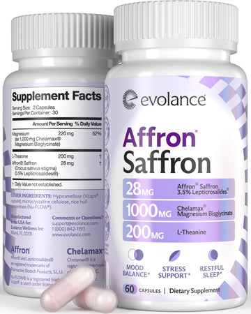 Evolance Saffron Supplements Extract for Stress & Mood Support – Affron 28mg, Magnesium Glycinate 1000mg, L-Theanine 200mg – High Absorption, Sleep & Focus Support, Melatonin-Free, 60 Veggie Capsules Evolance uk supplements