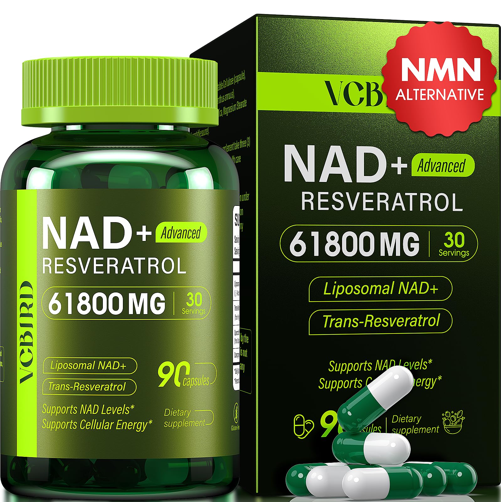 Nad Resveratrol Supplement 61800mg Per Bottle – Liposomal Nad+ Resveratrol for Women & Men – High Purity 1200mg Nad+ Supplement for Energy & Healthy Aging, Resveratrol, Quercetin, CoQ10 – 90 Counts VCBIRD uk supplements