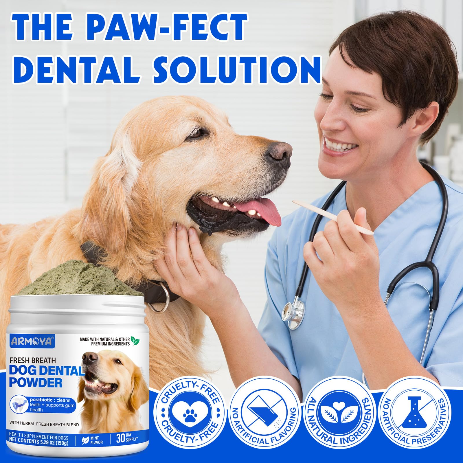 Dog Teeth Cleaning Powder - Dental Powder for Dogs Teeth - Plaque Removal - Supports Gum Health - Tartar Remover with Natural Herb Blend and Postbiotics 30 Day Supply - Mint Flavor ARMOYA uk supplements
