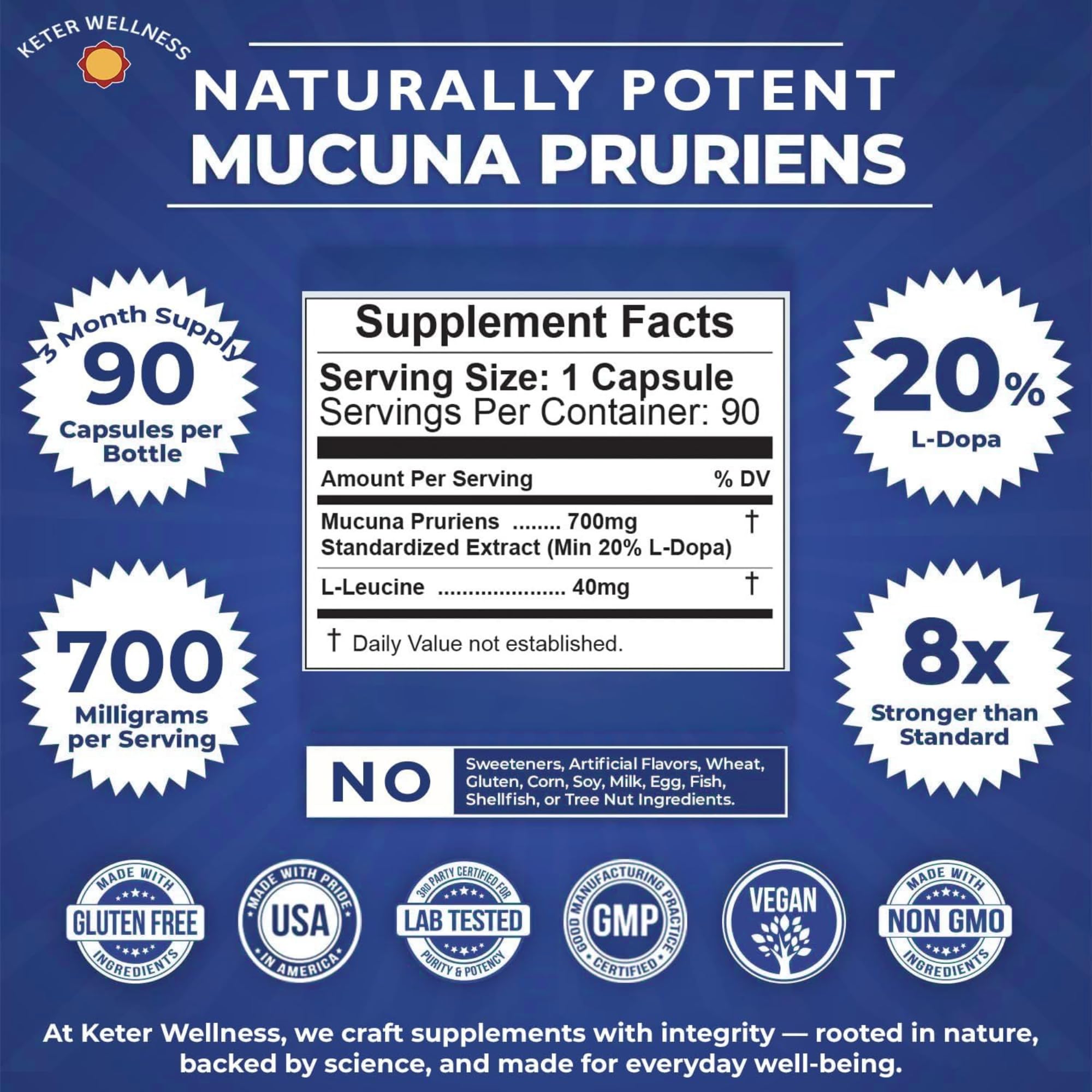 Mucuna Pruriens 20% L-Dopa – Standardized Velvet Bean Extract for Natural Dopamine, Focus & Mood Support – Pure 8:1 Concentrated Herbal Supplement – Vegan, Non-GMO, 90 Capsules Keter Wellness uk supplements