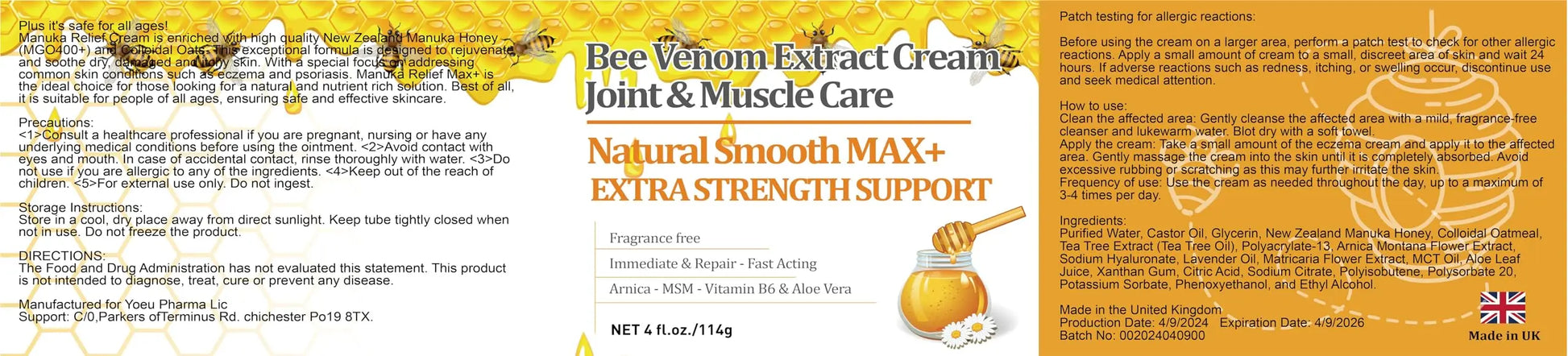 YOKOBBYES Pure Bee Venom Joint, Muscle & Bone Cream, Instant Relief, Back, Neck, Hand, Feet, Knee, Muscle, Shoulder, Ankle, Foot Discomfort, for Adults and The Elderly, YOKOBBYES uk supplements