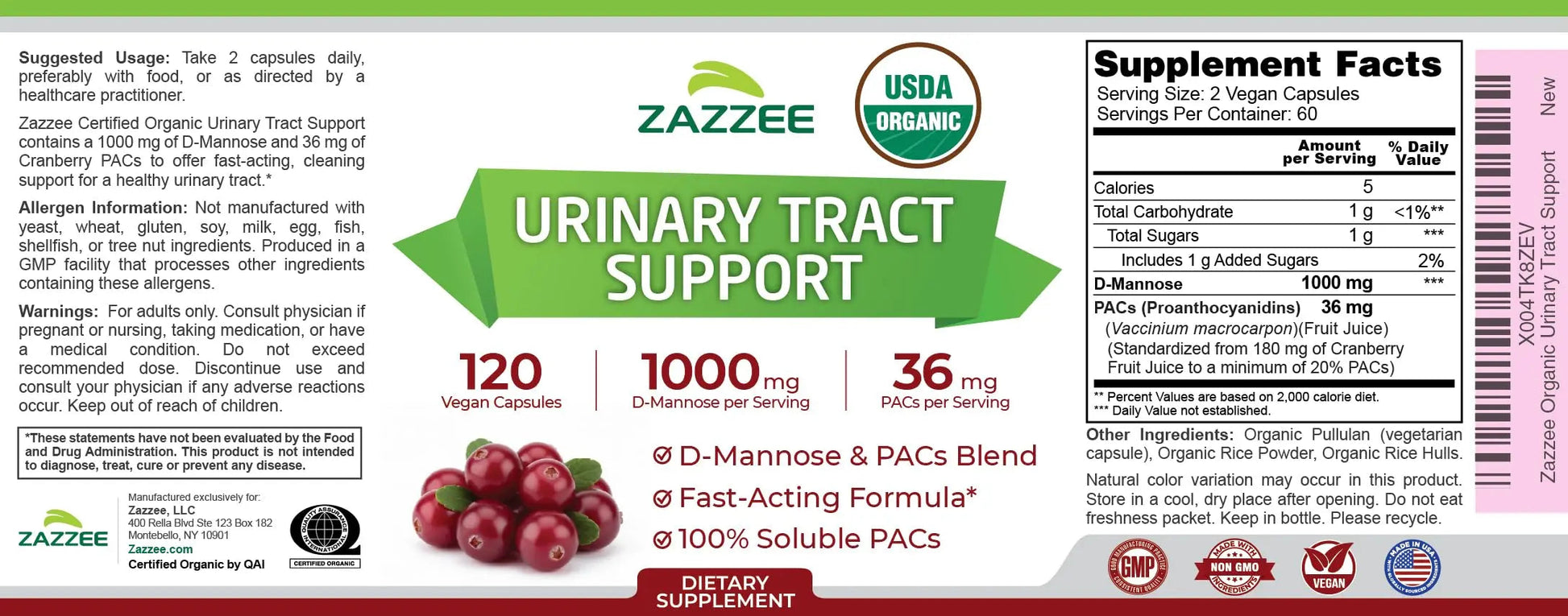 Zazzee USDA Organic Cranberry PACs and D-Mannose, 1000 mg D-Mannose, 36 mg Cranberry PACs, 120 Vegan Capsules, 2 Month Supply, Potent & Fast-Acting, All-Natural Urinary Tract Health Support, Non-GMO Zazzee uk supplements