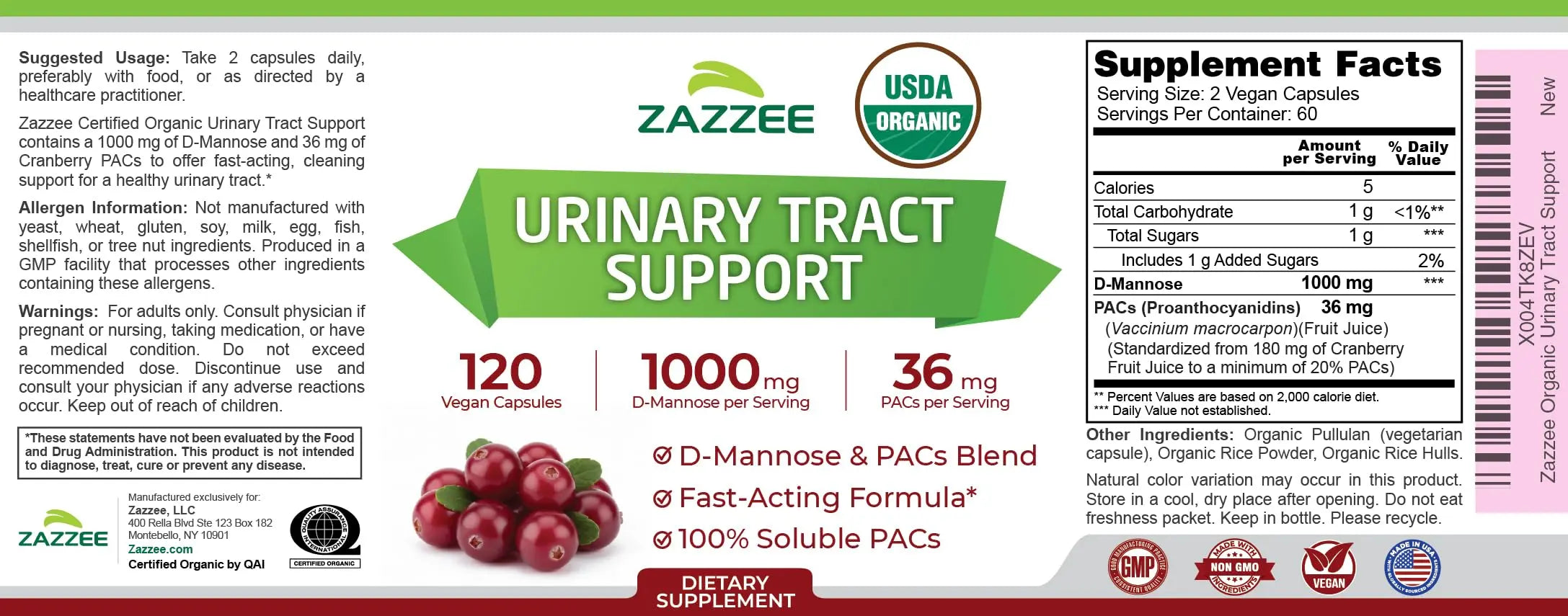 Zazzee USDA Organic Cranberry PACs and D-Mannose, 1000 mg D-Mannose, 36 mg Cranberry PACs, 120 Vegan Capsules, 2 Month Supply, Potent & Fast-Acting, All-Natural Urinary Tract Health Support, Non-GMO Zazzee uk supplements