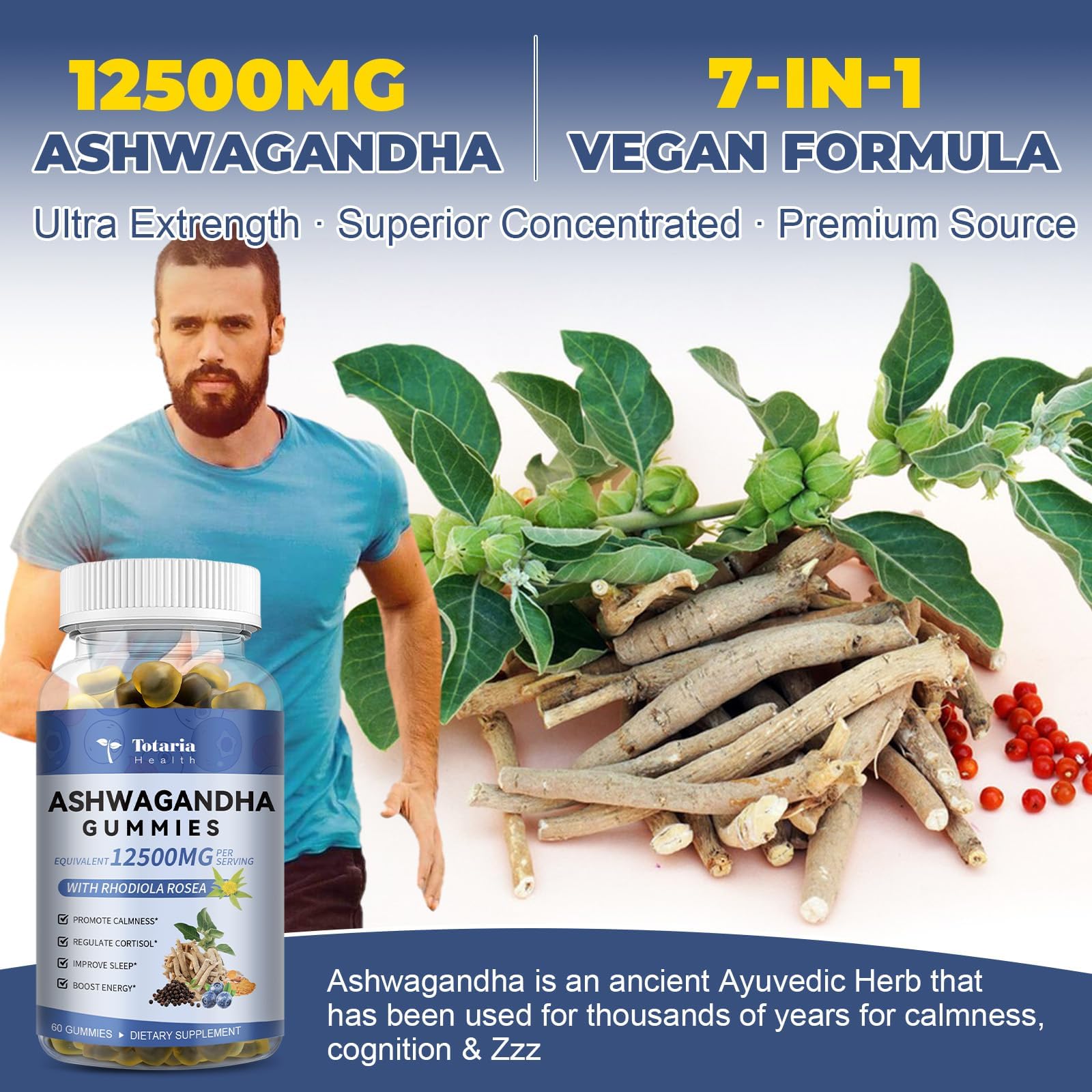 (2 Packs) Sugar Free Ashwagandha Filled Gummies w/Vitamin D3, Magnesium Glycinate, Rhodiola, Ultra Strength Ashwa Root Supplements for Women & Wen, for Relaxation, Energy, Cortisol Gummies Totaria uk supplements