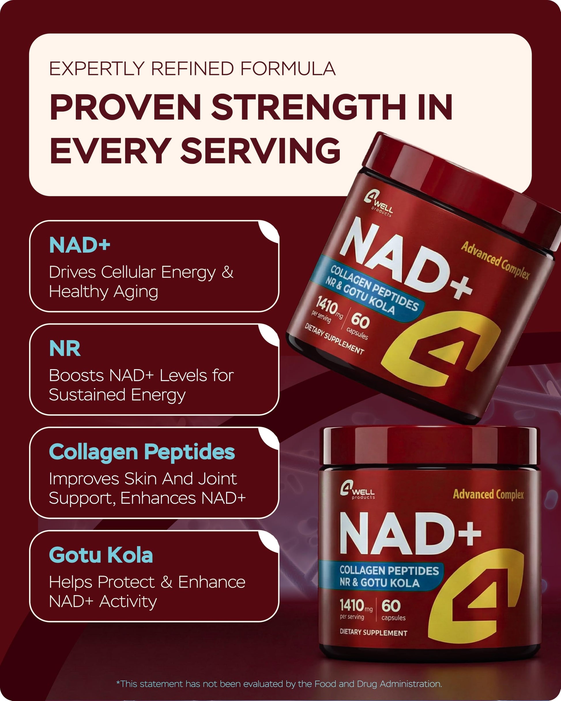 Gotu Kola and NAD Plus Supplement 1400mg - NMNH Supplement Alternative Supports Healthy Aging Complex with Nicotinamide Riboside & Gotu Kola, Collagen - Formula for Energy, Skin & Cognitive, 60 Caps 4Well Products uk supplements