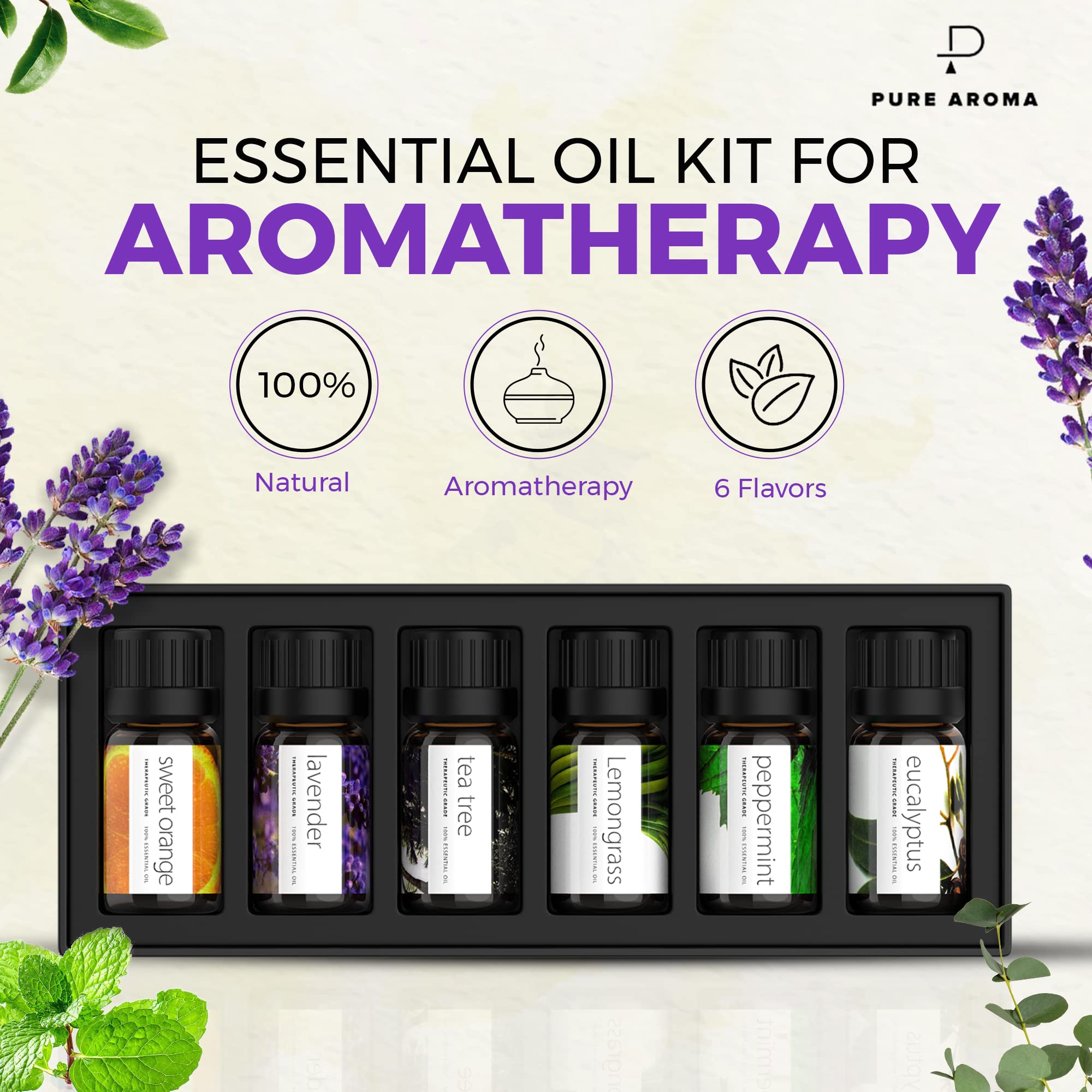 Essential Oils by PURE AROMA 100% Pure Oils kit- Top 6 Aromatherapy Oils Gift Set-6 Pack, 10ML Pure Aroma uk supplements