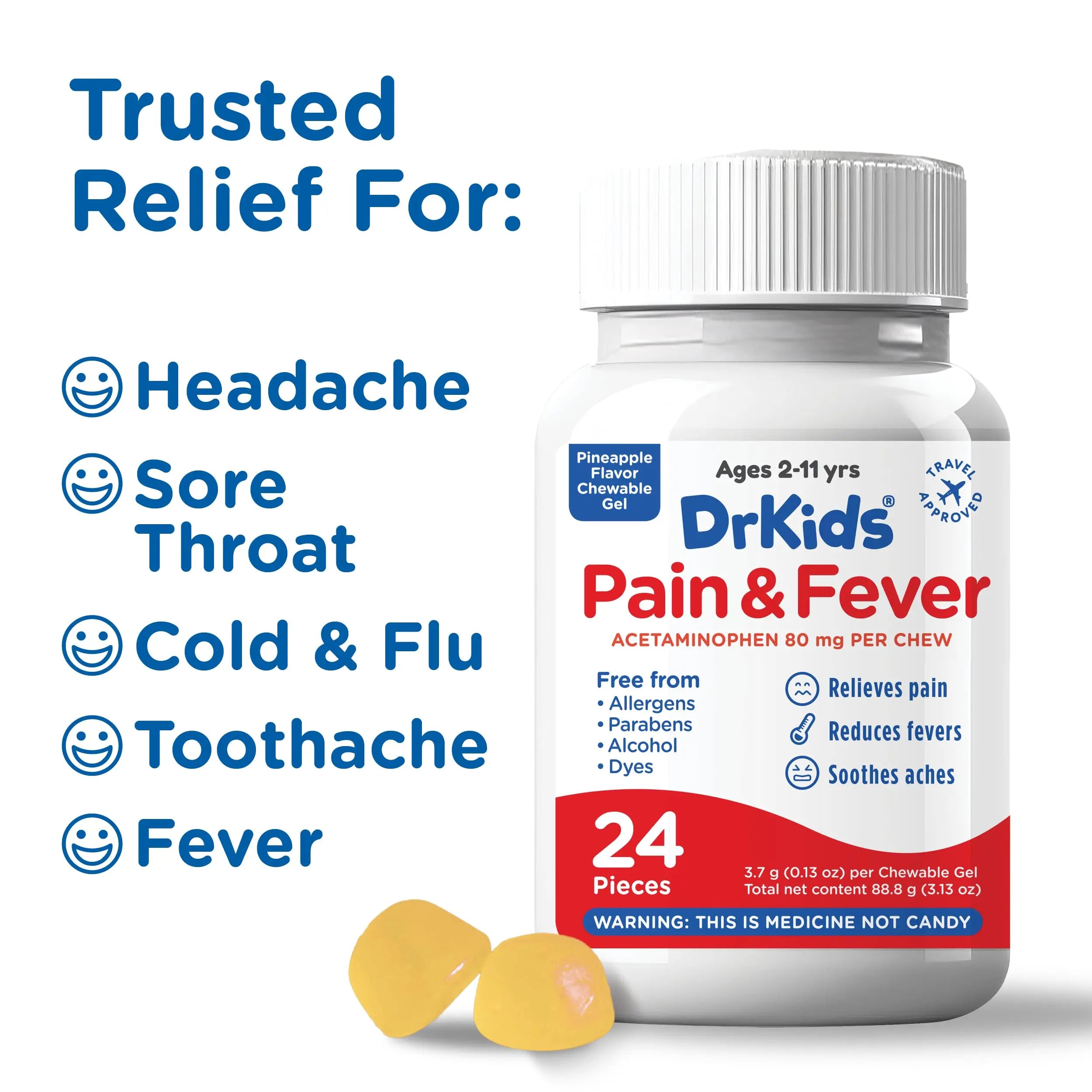 Dr. Kids Children’s Pain and Fever Chewable Gels – Pain Relief and Fever Reducer for Kids Ages 2–11, 80 mg Chewable Acetaminophen for Headache, Sore Throat, Cold & Flu, Pineapple Flavor, 24 Count Dr. Kids uk supplements