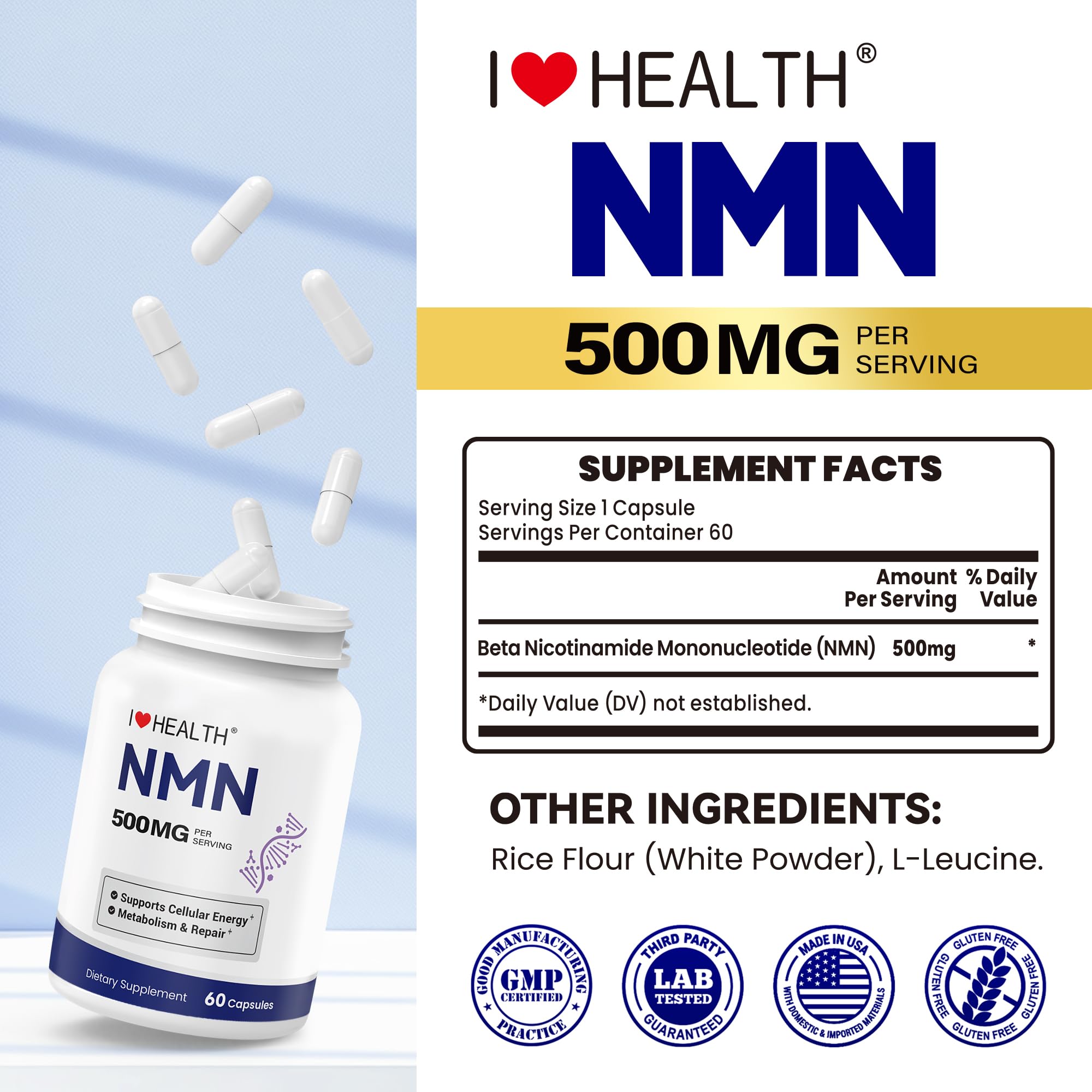 NMN 500MG Per Capsule – High Purity 99.9% NMN, NAD+ Support for Cellular Energy & Healthy Aging, 60 Capsules, Third-Party Tested, cGMP Made in USA I LOVE HEALTH uk supplements