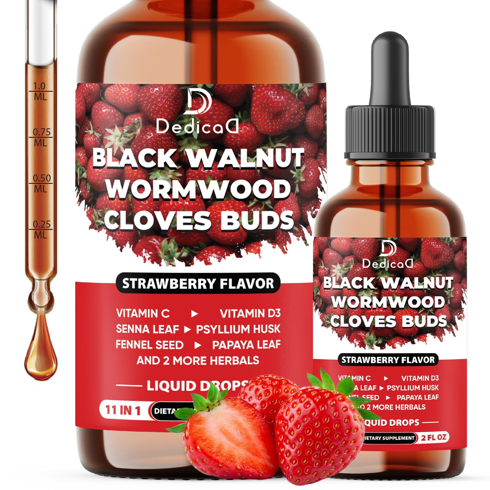 DEDICAD 11in1 Black Walnut Wormwood Cloves Liquid Drops with Cloves Buds, Senna Leaf, Psyllium Husk, Fennel Seed, Papaya Leaf and More - 2 oz Fl - 60 Days - Strawberry Flavor DEDICAD uk supplements
