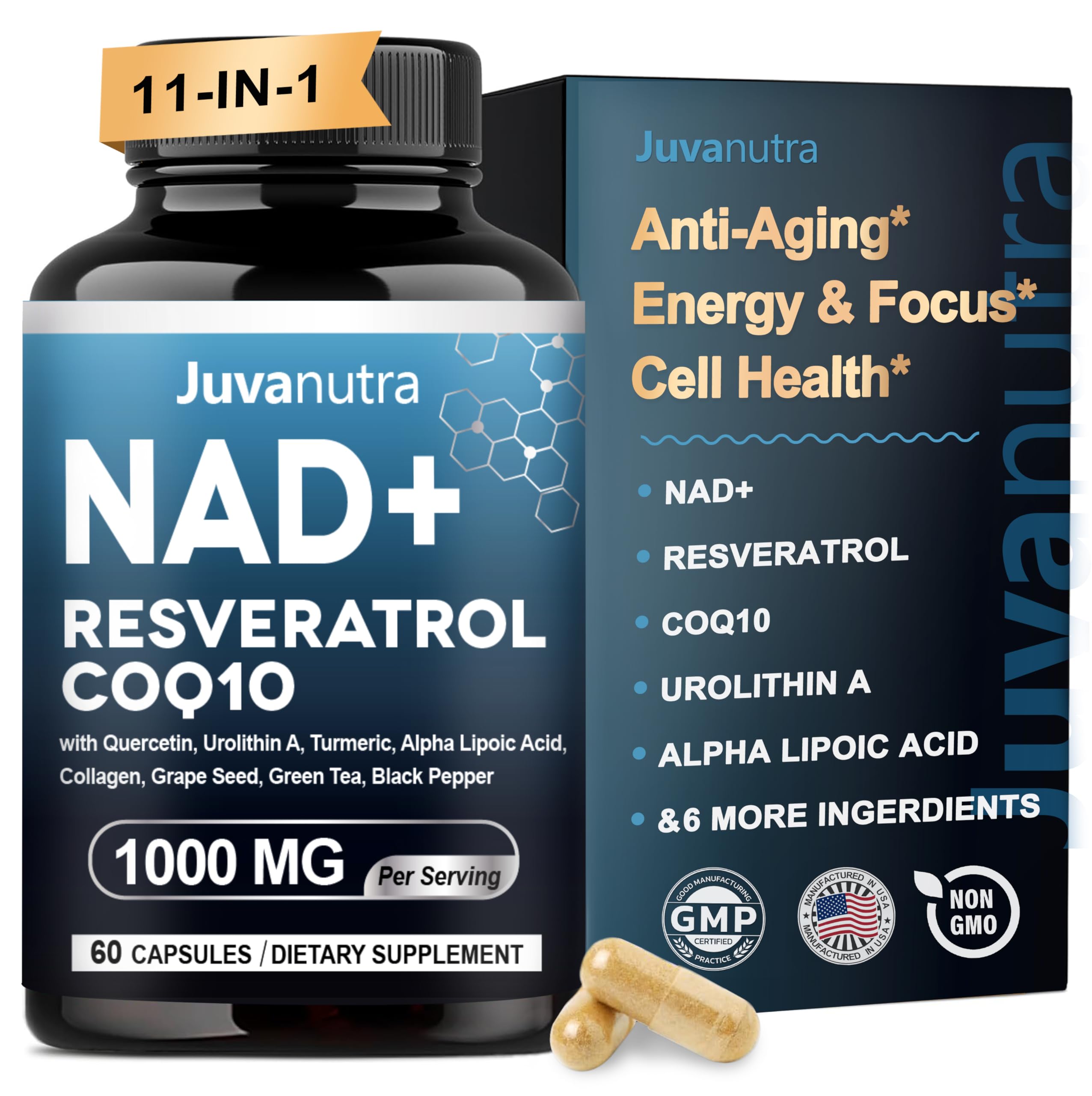 NAD Supplement 11-in-1 Extra Strength – Liposomal NAD with Resveratrol, CoQ10, Urolithin A, ALA & Turmeric – Supports Anti-Aging, Cellular Repair, Energy & Focus – for Women & Men – 60 Capsules JuvaNutra uk supplements