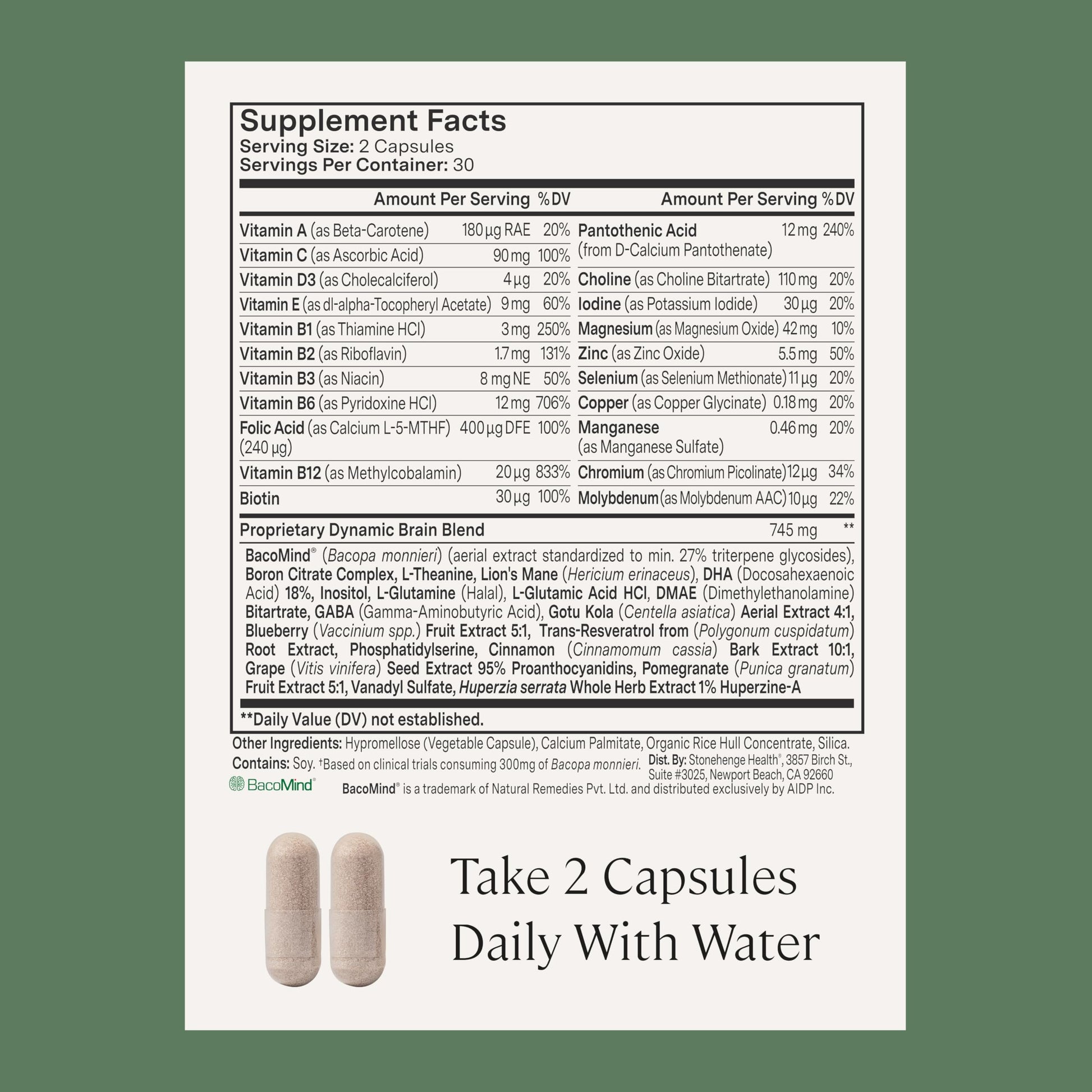 Stonehenge Health Dynamic Brain – BacoMind® Bacopa Nootropic Formula – Memory, Recall & Retention, Phosphatidylserine, Huperzine A, DHA & Choline – 40 Brain-Boosting Ingredients – Non-GMO, 60 Caps Stonehenge Health uk supplements