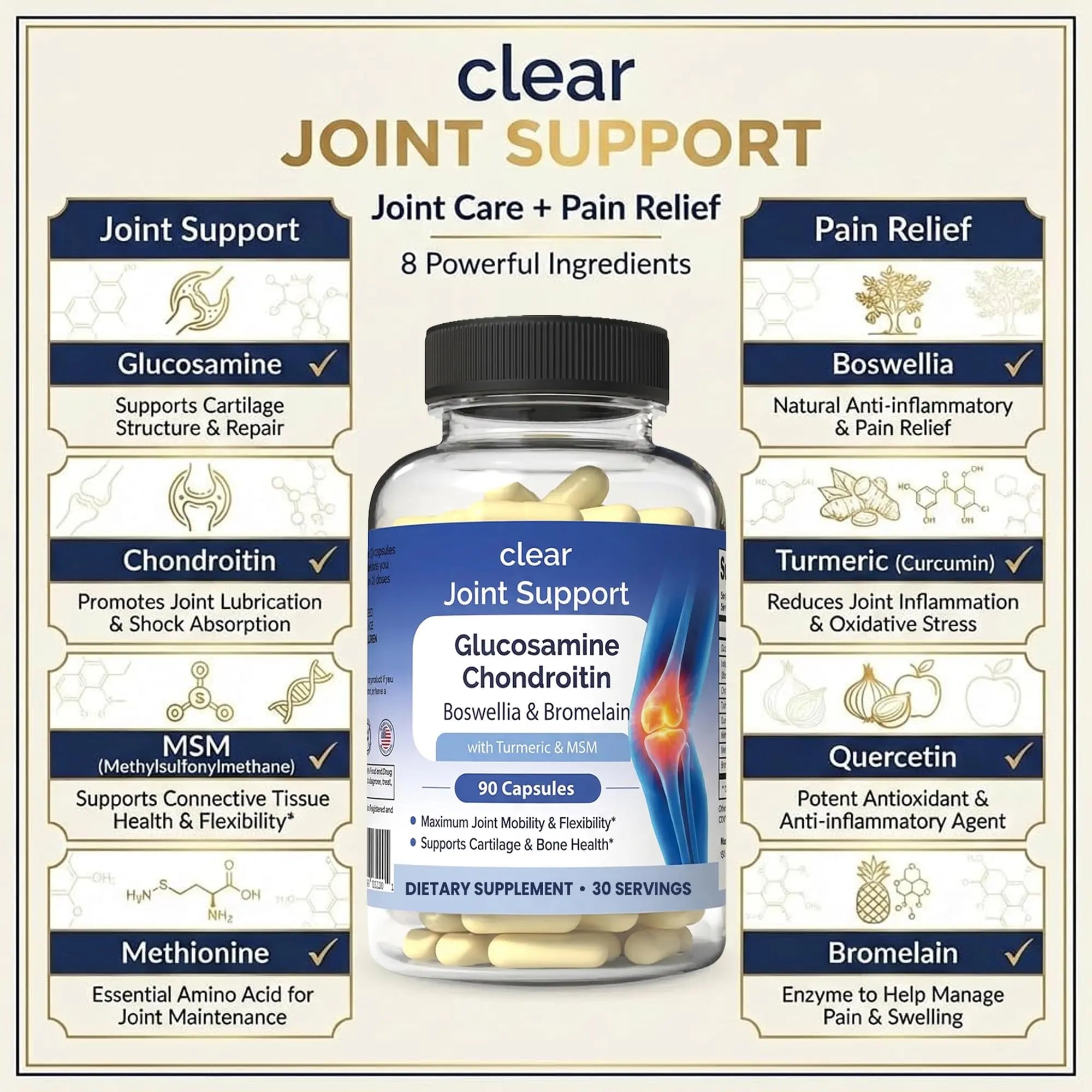 Glucosamine Chondroitin MSM with Turmeric & Boswellia 540 Capsules | 8-in-1 Joint Support Supplement for Flexibility & Mobility | Joint Supplement for Men & Women – Supports Back, Knees, Hips & Joints Clear Probiotics uk supplements