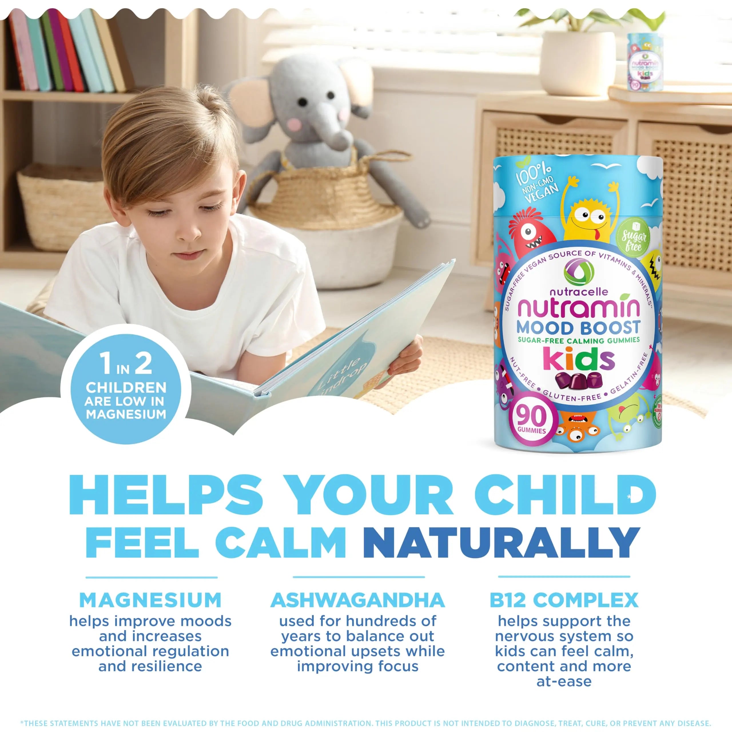 NUTRAMIN Kids Mood Boost Vegan Vitamin Gummy: Calming Magnesium Citrate Supplement for Children with Ashwagandha & Vitamin B Complex to Relax & Focus Nutracelle uk supplements