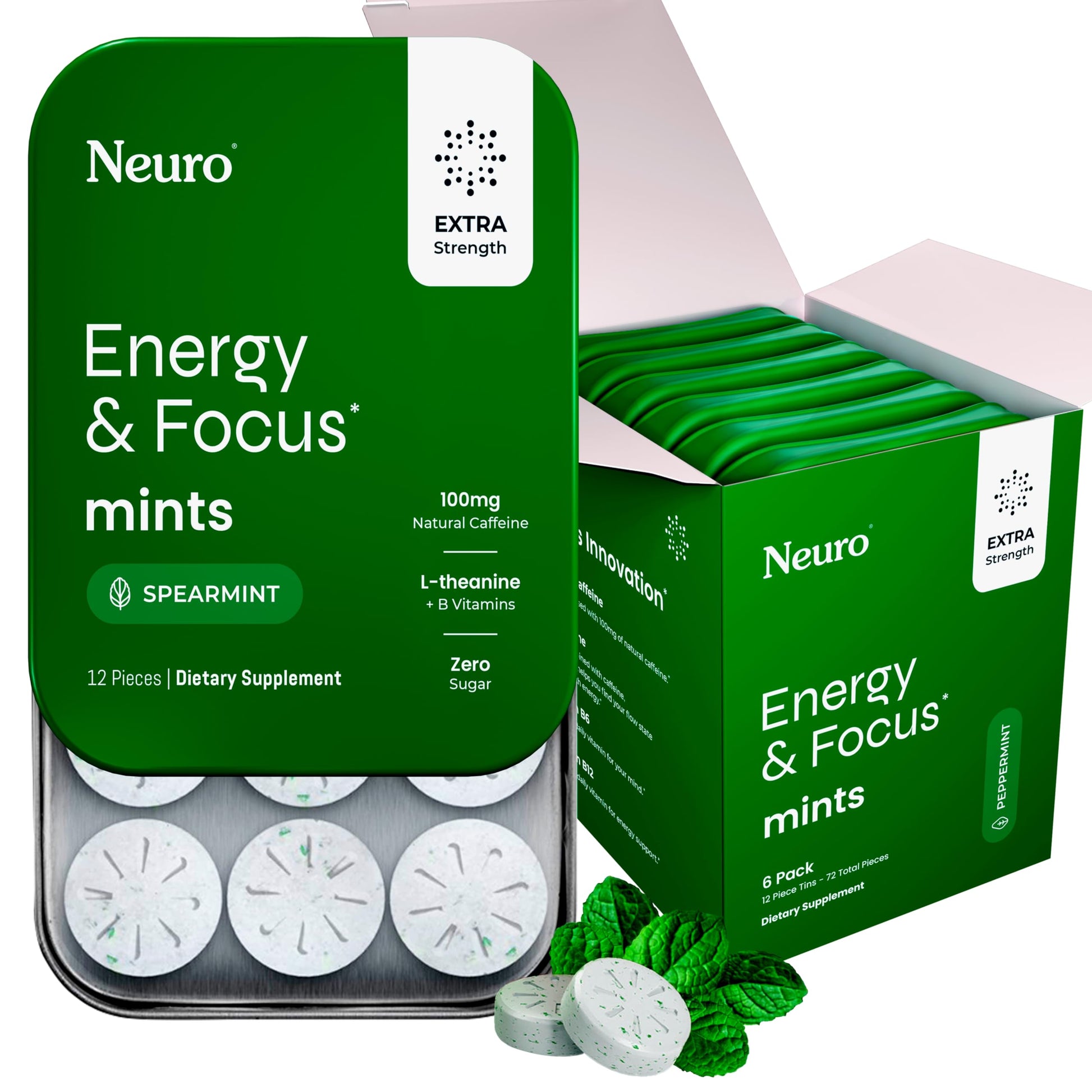 Neuro Energy & Focus Mints, Extra Strength - Sugar Free Breath Mints with 100mg Natural Caffeine, B Vitamins & L-Theanine - Vegan Brain Supplement for Exercise, Study & Daily Focus - Spearmint, 72 ct Neuro uk supplements