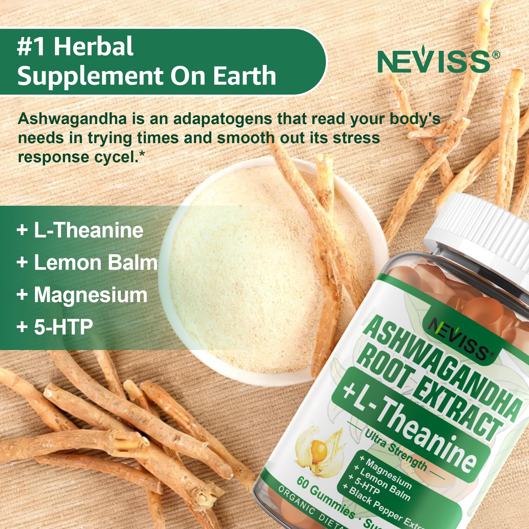 NEVISS Ashwagandha Gummies 2000mg, Feel Refreshed, Plus Proprietary Blend with L-Theanine, 5-HTP, Lemon Balm, Magnesium for Calm, Zzzs & Relaxation Support, 120 Count NEVISS uk supplements