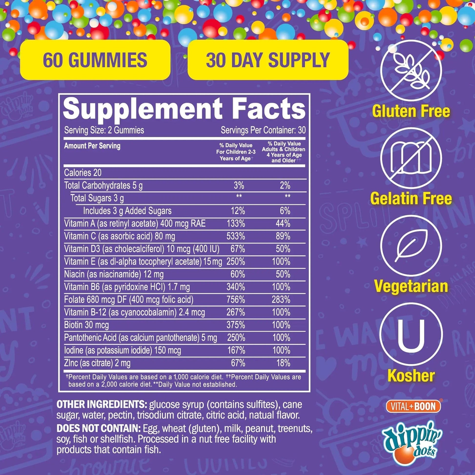 Dippin' Dots - Multivitamin Gummies for Kids Rainbow Fruit Flavor Complete Multivitamin Chewy Gummies Vitamin A, B, C, D3, E, B6, Zinc - 60 Count Vital+Boon uk supplements
