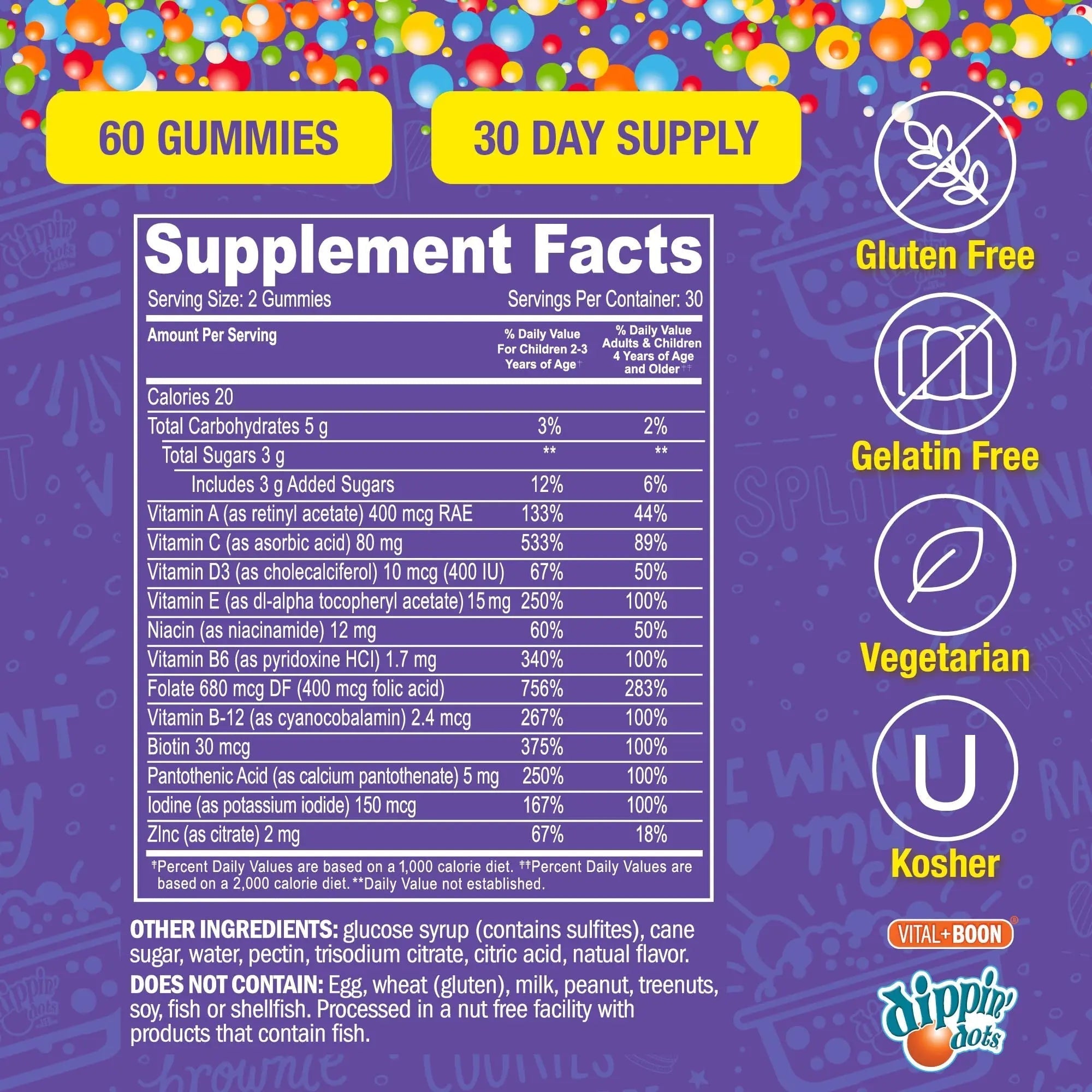 Dippin' Dots - Multivitamin Gummies for Kids Rainbow Fruit Flavor Complete Multivitamin Chewy Gummies Vitamin A, B, C, D3, E, B6, Zinc - 60 Count Vital+Boon uk supplements