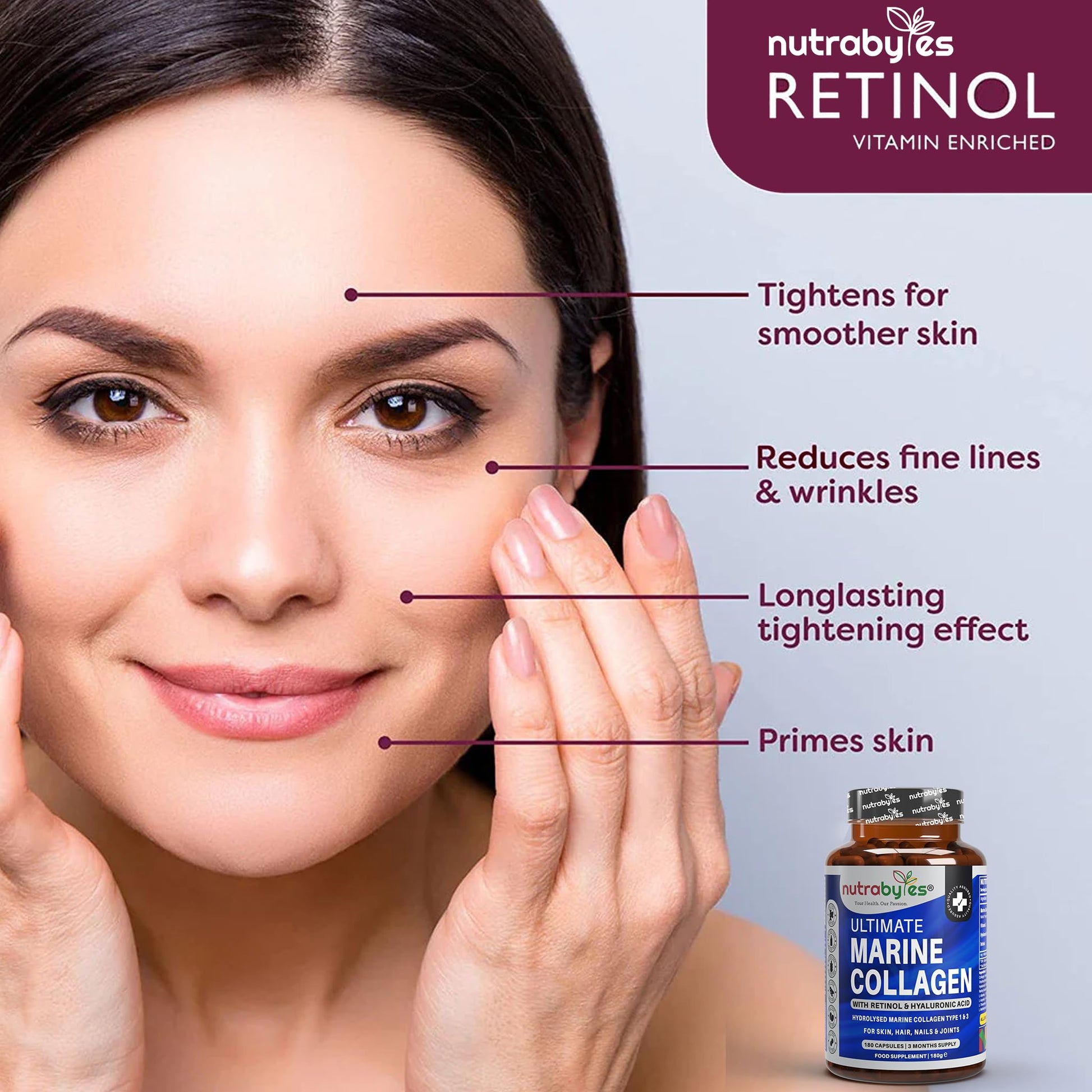High Strength Marine Collagen with Hyaluronic Acid, Retinol and Vitamin C | 180 Capsules - 3 Months Supply NUTRABYTES uk supplements