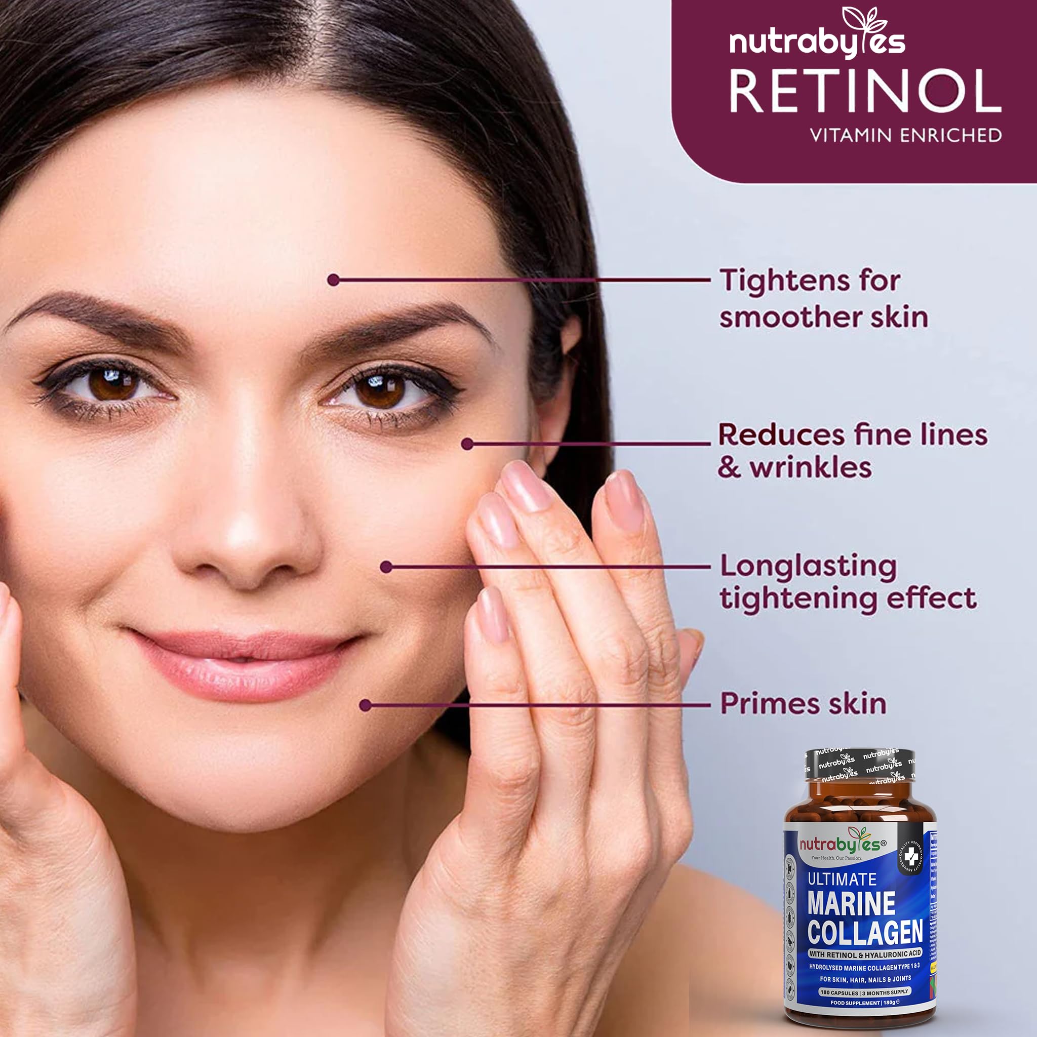 High Strength Marine Collagen with Hyaluronic Acid, Retinol and Vitamin C | 180 Capsules - 3 Months Supply NUTRABYTES uk supplements