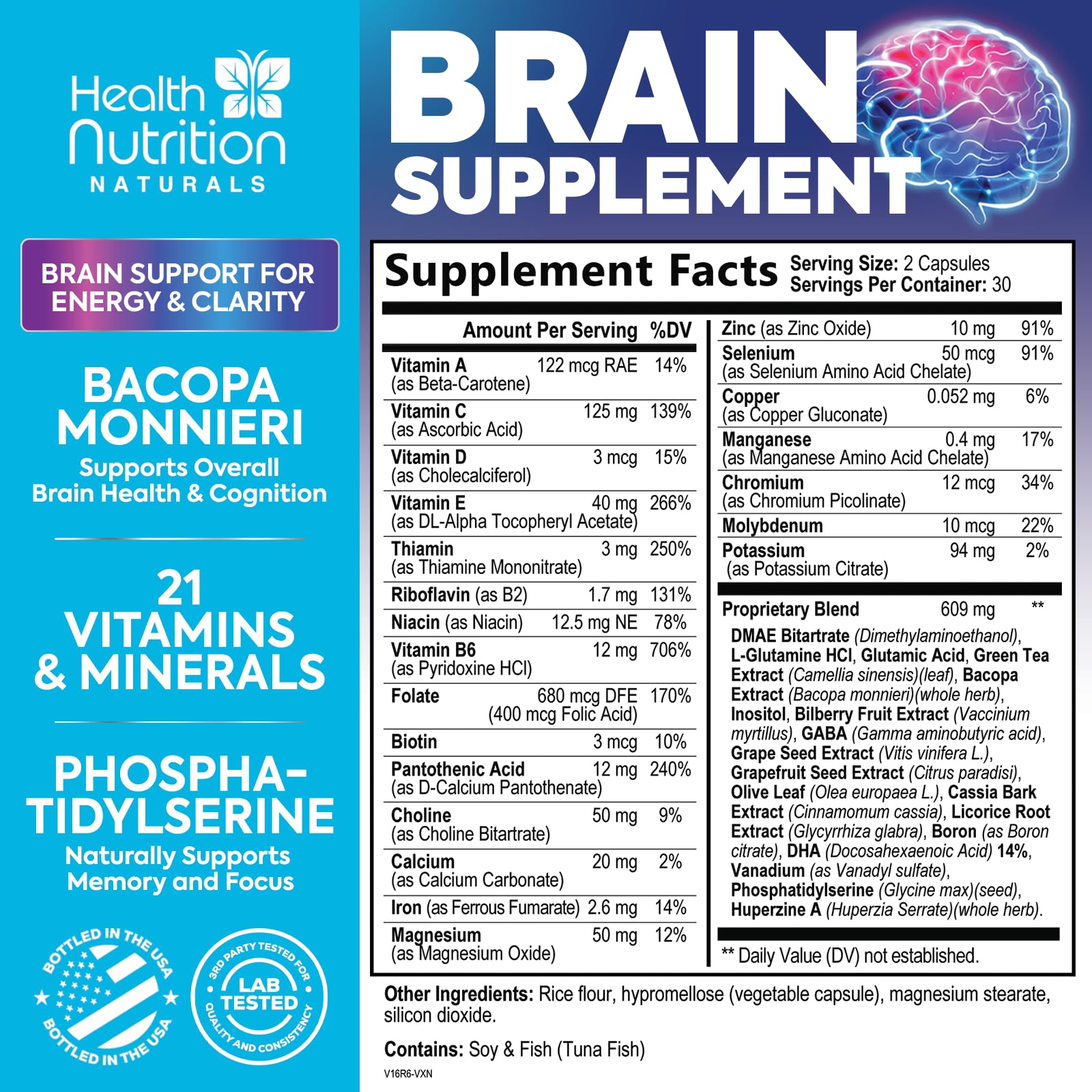 Brain Memory Supplement - 3X Strength Nootropics for Concentration, Clarity & Focus Support - Brain Health Cognitive Vitamins with Bacopa, Phosphatidylserine & DMAE 609mg, Brain Booster, 60 Capsules Health Nutrition Naturals uk supplements