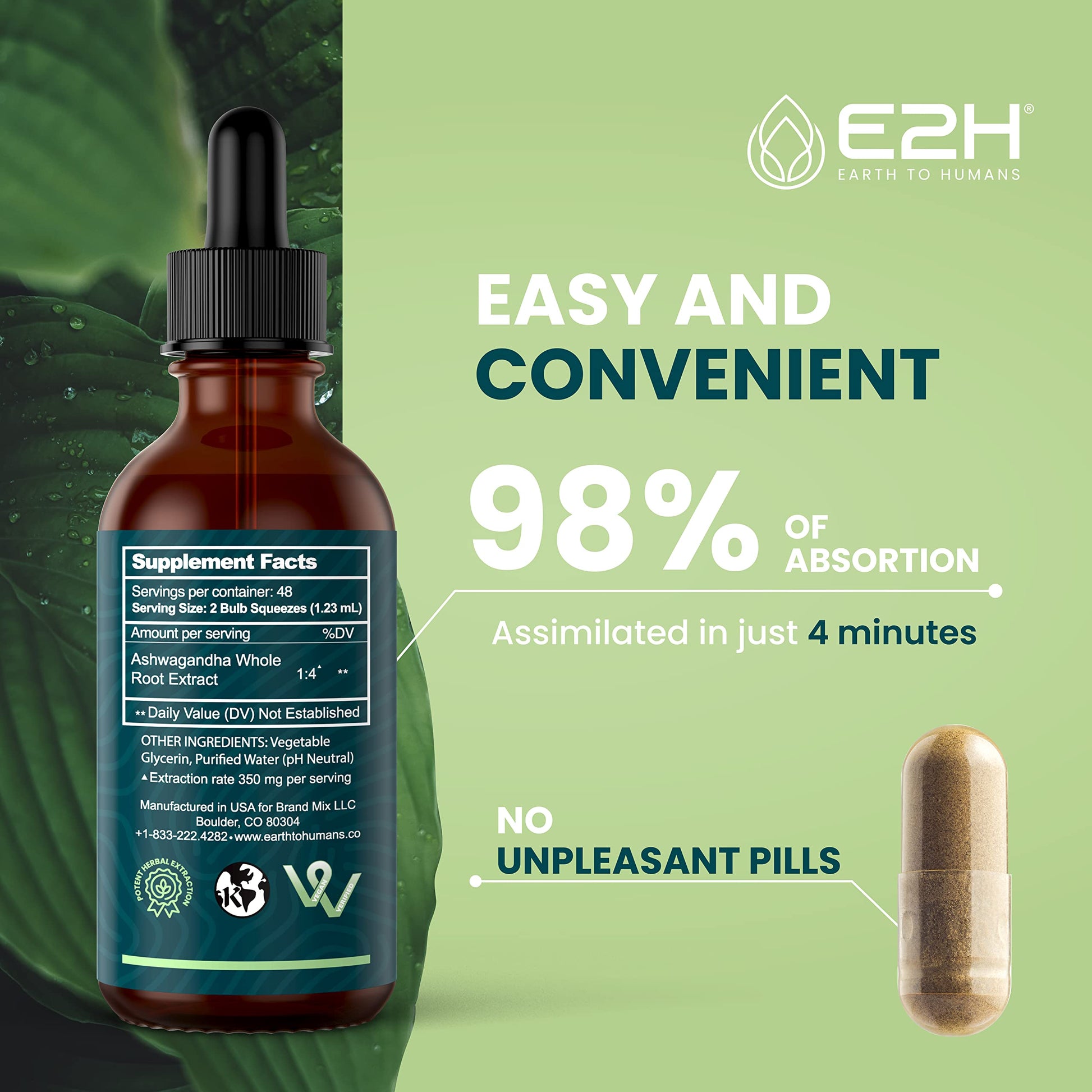 E2H Ashwagandha Liquid Drops - All-Natural Ashwagandha Supplement for Stress Relief and Mood Enhancer- Organic Ashwagandha Root Extract Effective Cortisol Manager | Non-GMO, Vegan | 2 Fl Oz E2H EARTH TO HUMANS uk supplements