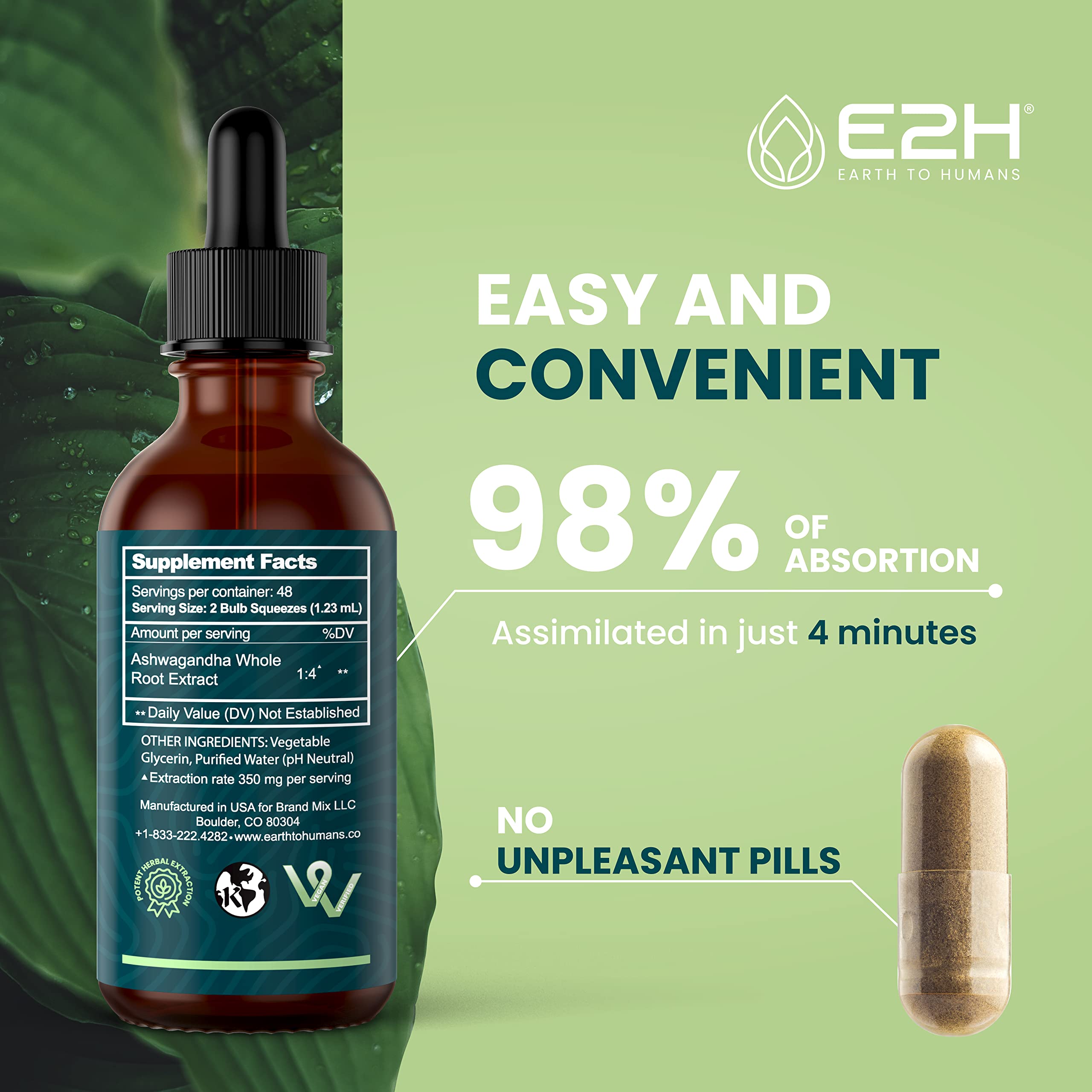 E2H Ashwagandha Liquid Drops - All-Natural Ashwagandha Supplement for Stress Relief and Mood Enhancer- Organic Ashwagandha Root Extract Effective Cortisol Manager | Non-GMO, Vegan | 2 Fl Oz E2H EARTH TO HUMANS uk supplements