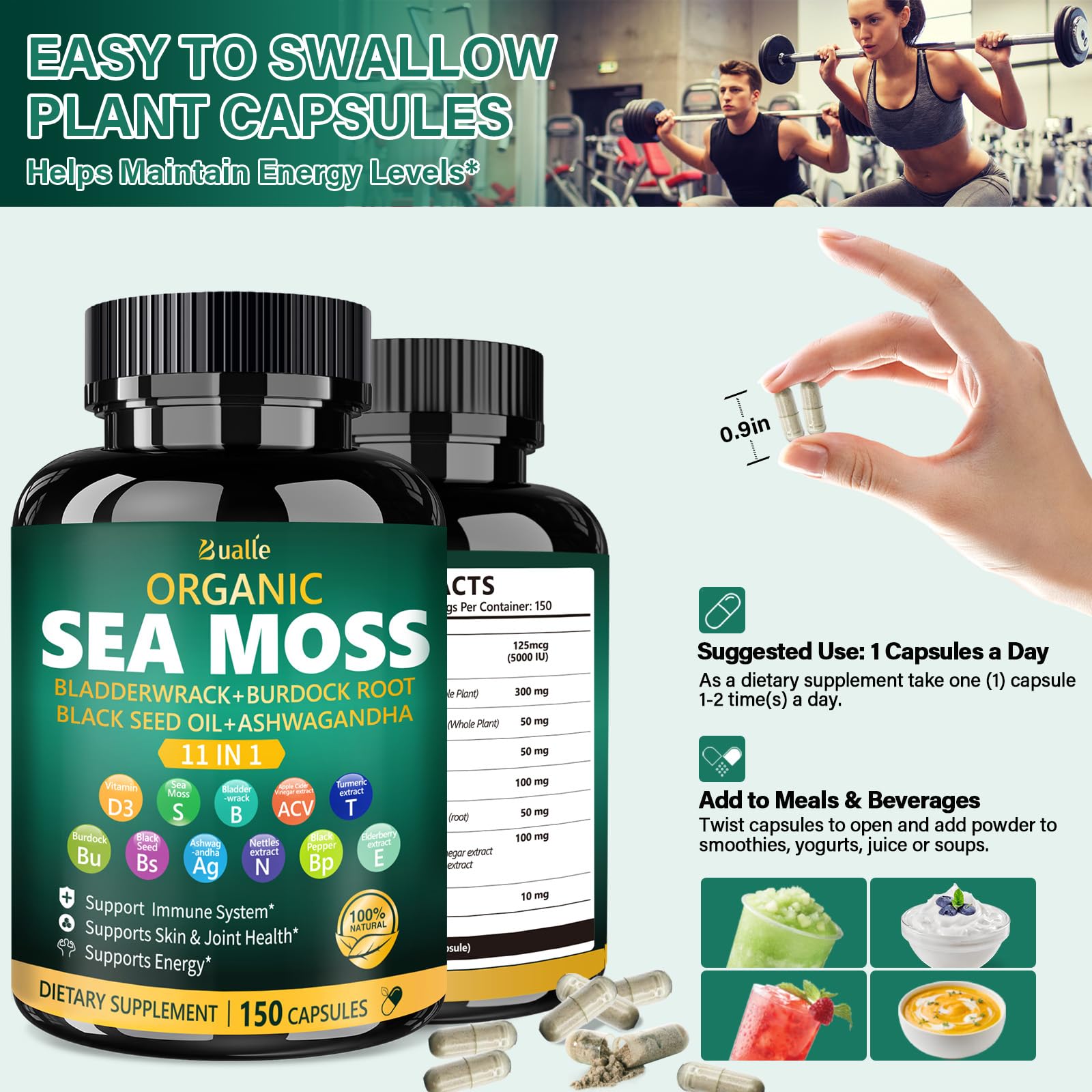 Bualle Irish Sea Moss Capsules – Organic Sea Moss, Black Seed Oil, Ashwagandha Supplements with Bladderwrack, Ginger & Burdock Root – Supports Daily Wellness, Skin & Energy – 150 Count (1 Pack) Bualle uk supplements