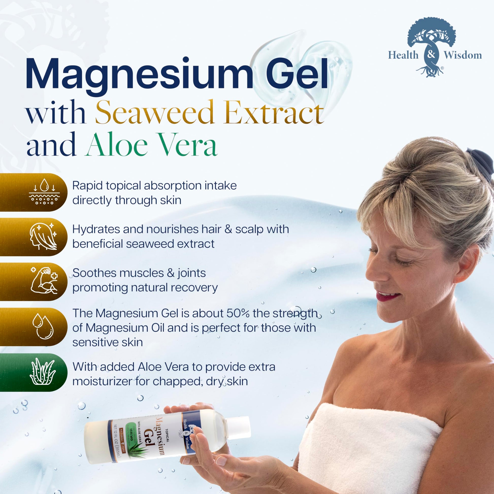Health and Wisdom Pure Magnesium Gel with Seaweed Extract and Aloe Vera - Topical Muscle & Joint Relief- Natural and Pure Skin & Scalp Moisturizing - Enhanced Absorption - 12 Fl oz Health and Wisdom uk supplements