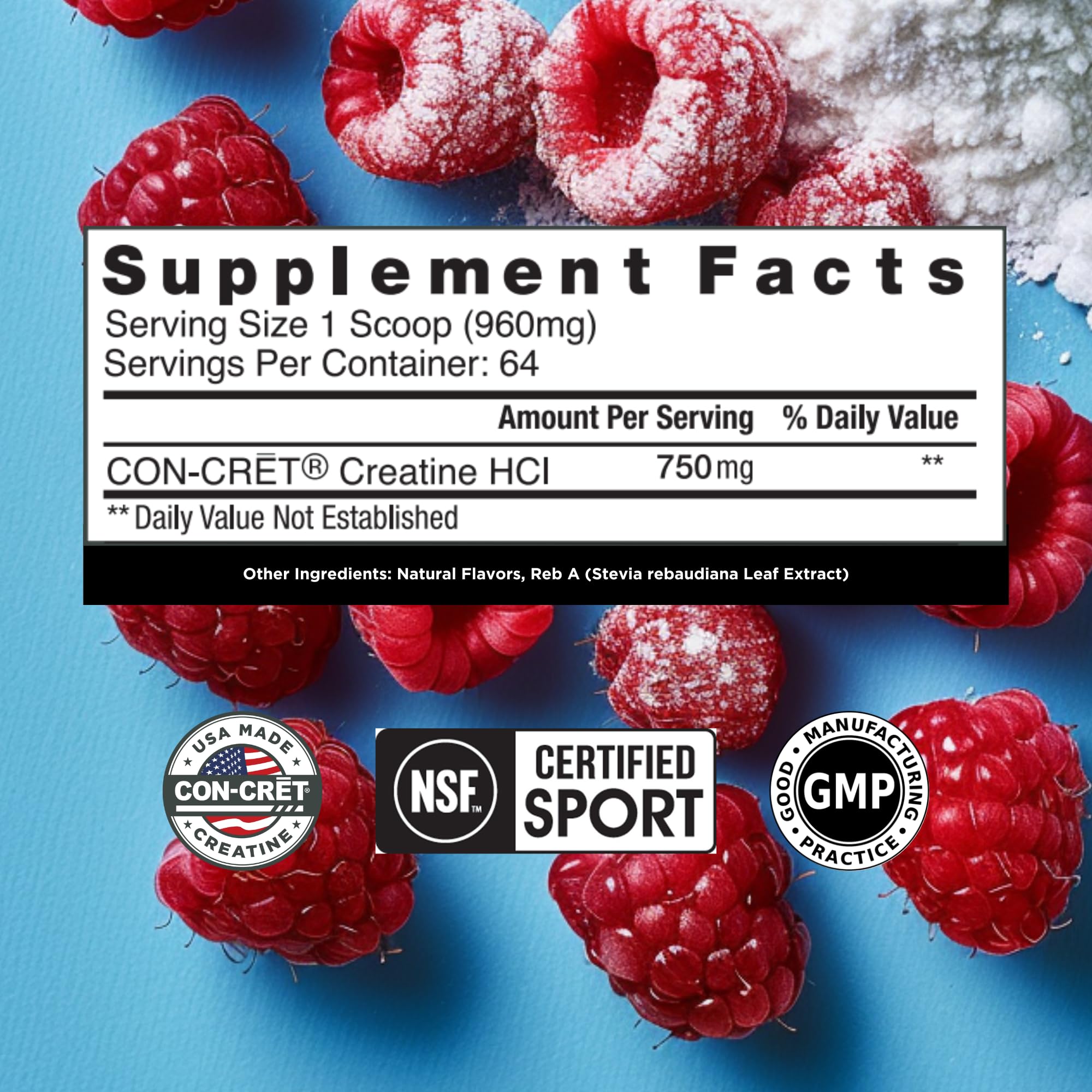 CON-CRET Creatine HCl Powder | Muscle, Cognitive, Cellular Energy Support | No Bloating or Cramps | USA Made & NSF Certified | Raspberry (64 Serving) CON-CRET uk supplements