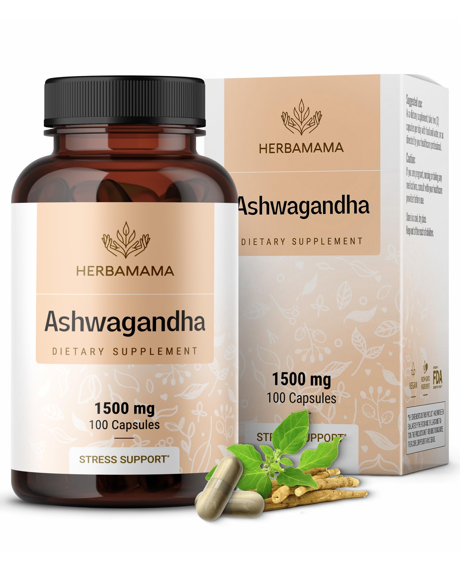 HERBAMAMA Ashwagandha Capsules - 1500mg Pure Ashwagandha Root Focus Supplement - Vegan, Non-GMO Mood & Calm Support Supplement for Adults, 100 Caps HERBAMAMA uk supplements