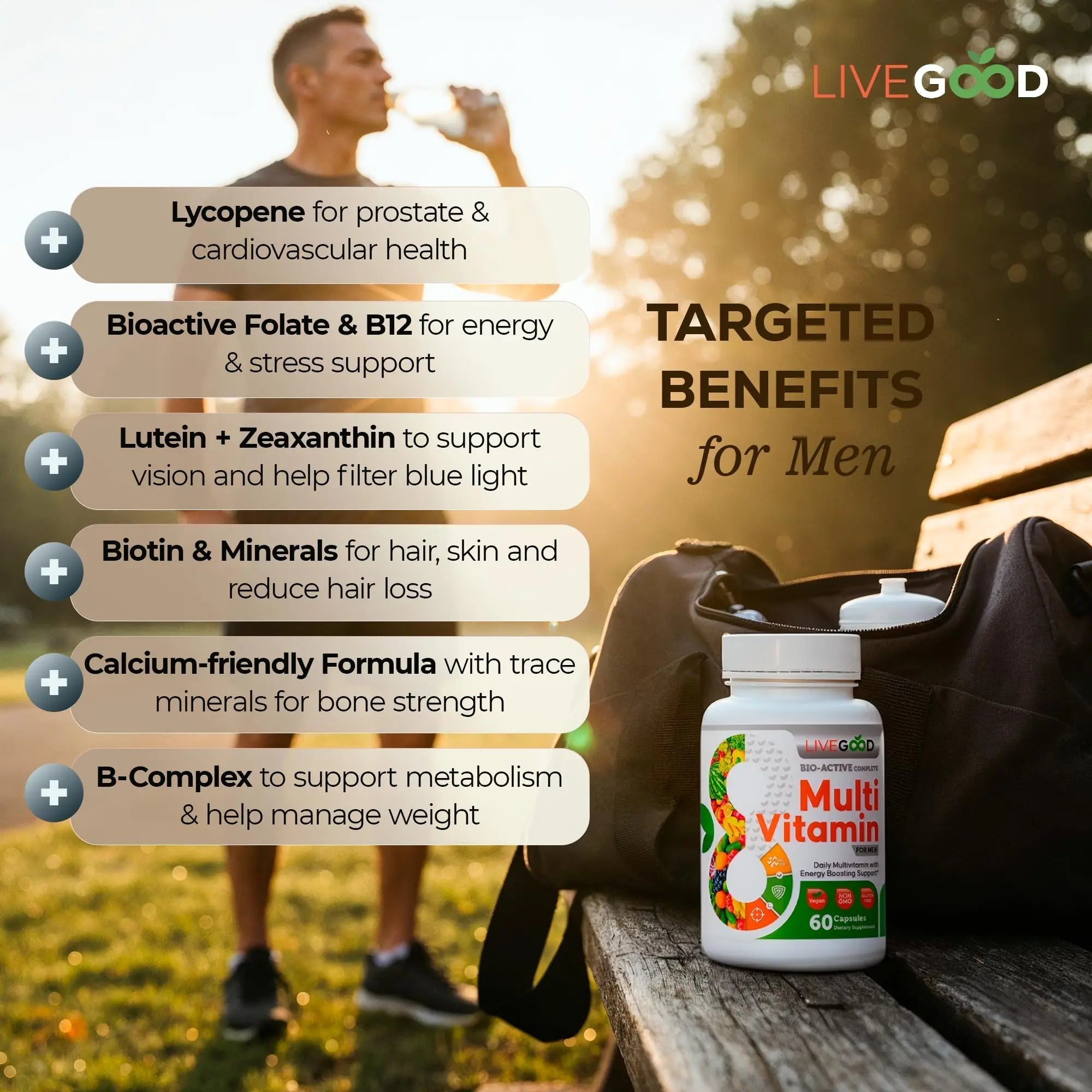 LiveGood Bio-Active Complete Multivitamin for Men, Daily Men’s Multi with 24 Essential Vitamins and Minerals for Energy, Immunity LIVEGOOD uk supplements