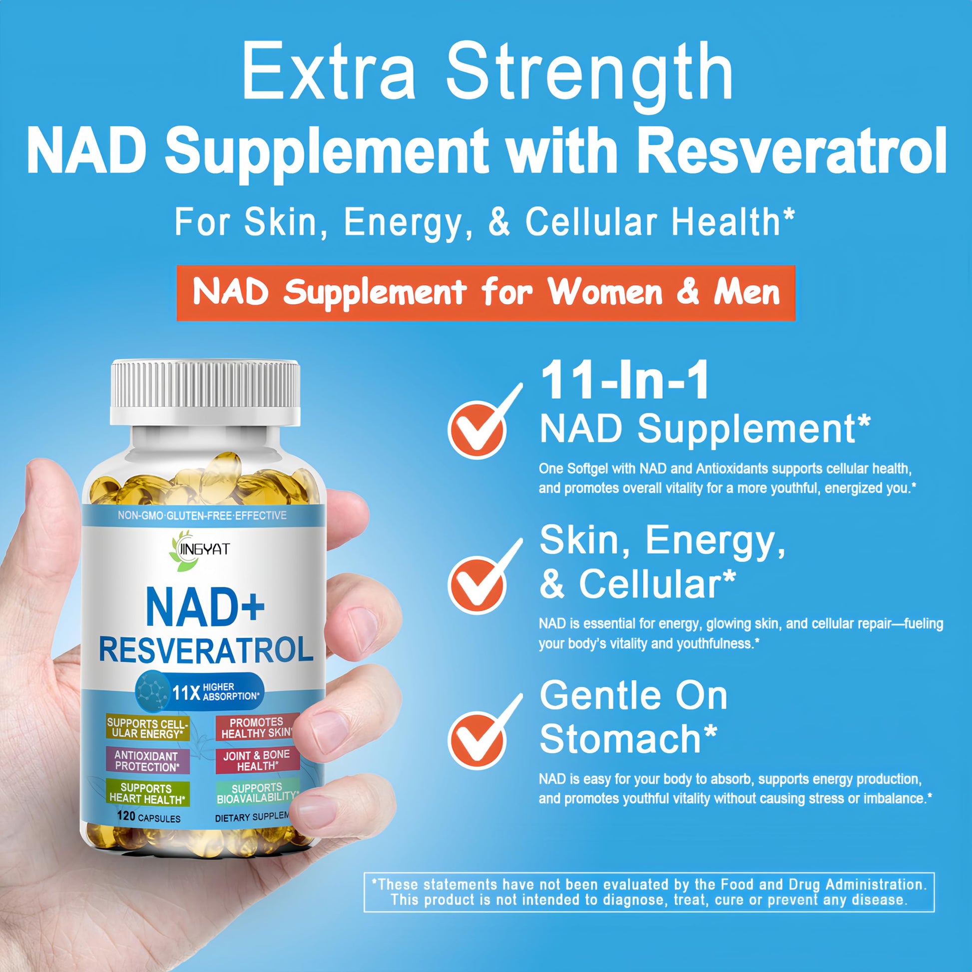 JINGYAT 11-in-1 NAD Supplement with Resveratrol, CoQ10, Quercetin, Collagen, Grape Seed for Cellular Energy, Mental Focus & Antioxidant Support - NAD Supplement for Women & Men, 120 Soft Capsules JINGYAT uk supplements