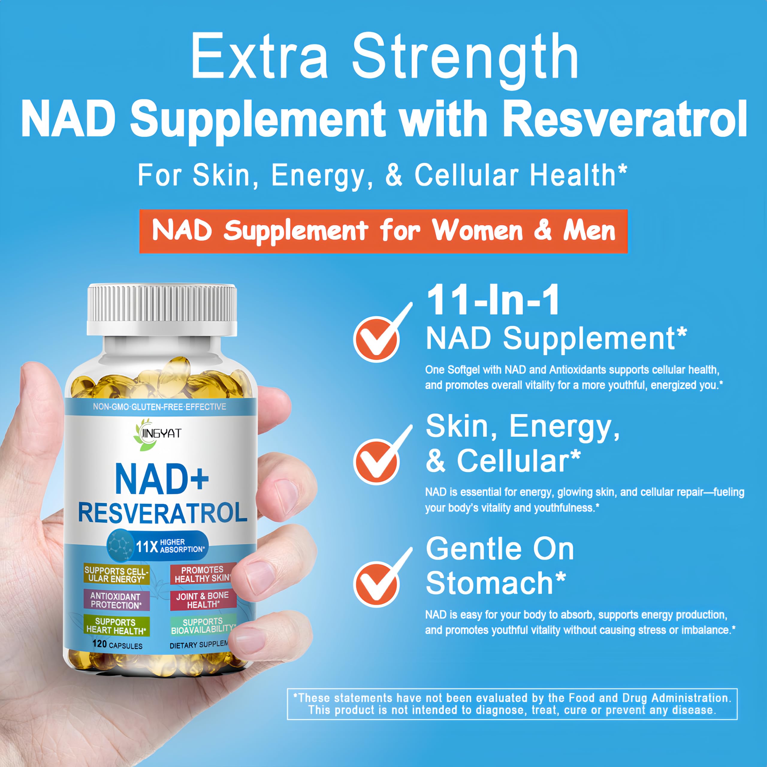 JINGYAT 11-in-1 NAD Supplement with Resveratrol, CoQ10, Quercetin, Collagen, Grape Seed for Cellular Energy, Mental Focus & Antioxidant Support - NAD Supplement for Women & Men, 120 Soft Capsules JINGYAT uk supplements