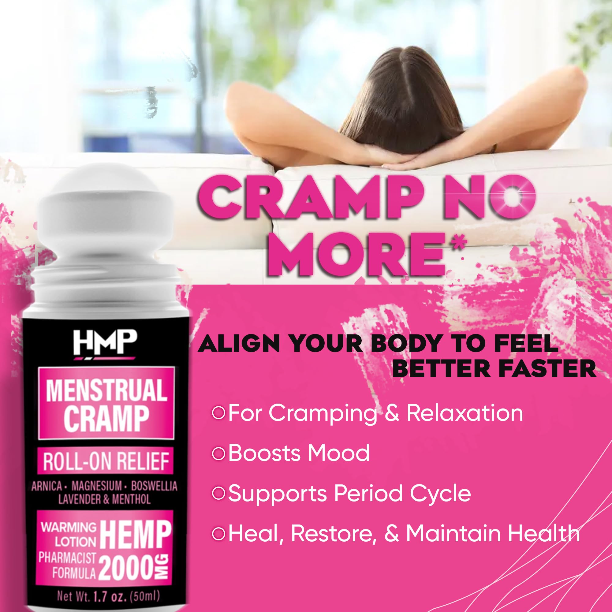 HMP BRANDS Menstrual Cramp Hemp Warming ROLL-ON 2000MG w Arnica & Menthol Made in USA Natural Formula 1.7oz HMP BRANDS uk supplements