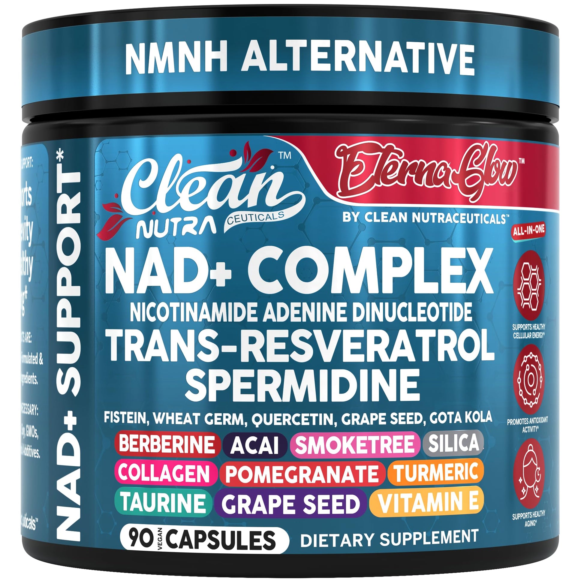 Clean NAD Supplement Resveratrol Liposomal NAD+ Spermidine Fisetin Wheat Germ Quercetin Grape Seed Extract Gotu Kola Berberine Astaxanthin Peptides for Women Energy 90 Capsules Clean Nutraceuticals uk supplements