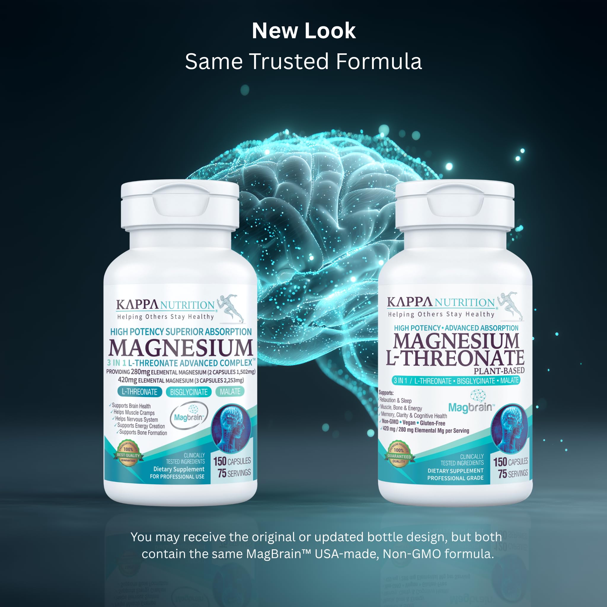 Kappa Nutrition Powered by Magbrain™ Magnesium L-Threonate Plant-Based, 150 Vegan Capsules, 420mg Elemental Magnesium (3 Capsules) from 2,253mg, Brain, Sleep & Muscle Support. KAPPA NUTRITION uk supplements