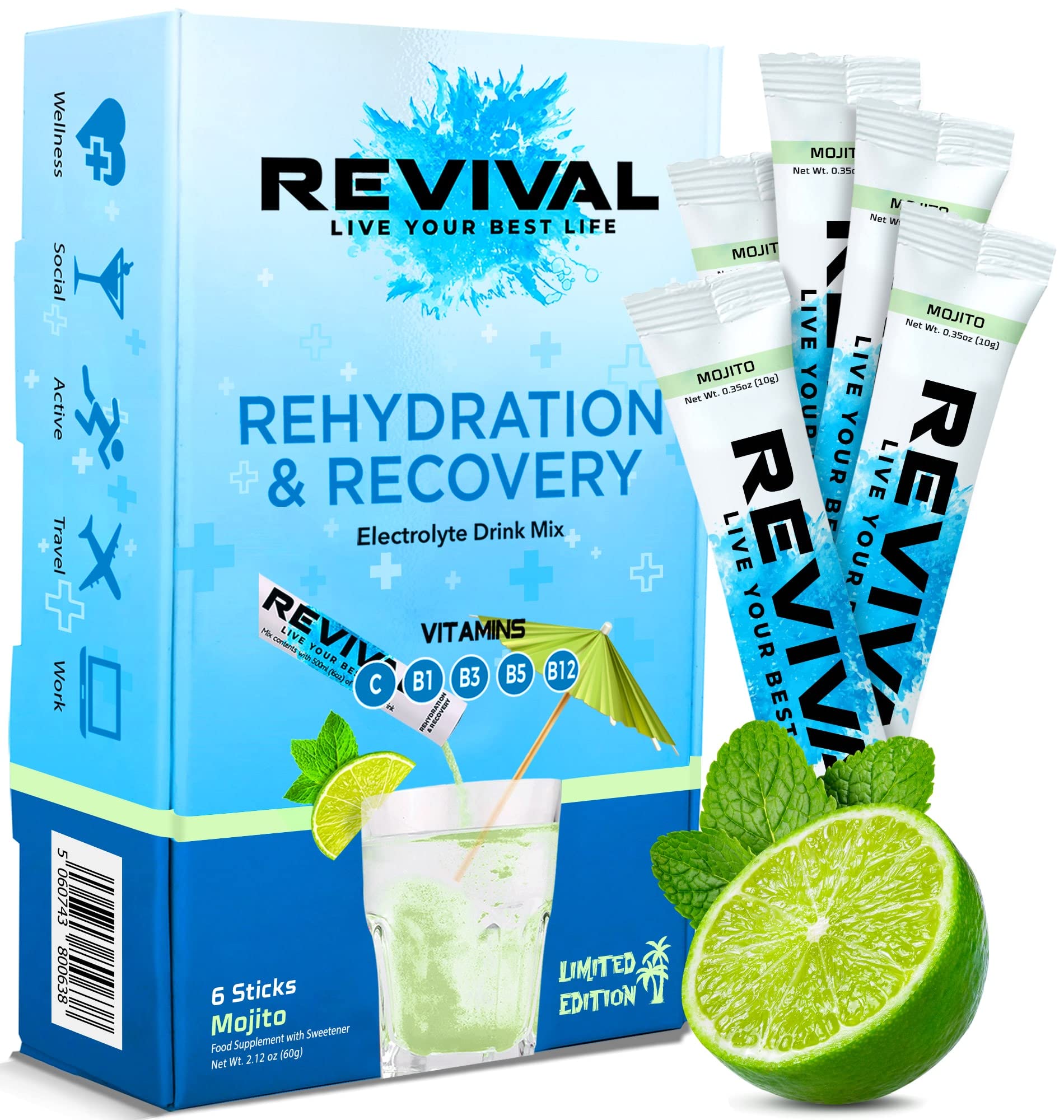 Revival Rapid Rehydration, Electrolytes Powder - High Strength Vitamin C, B1, B3, B5, B12 Revival Shots uk supplements