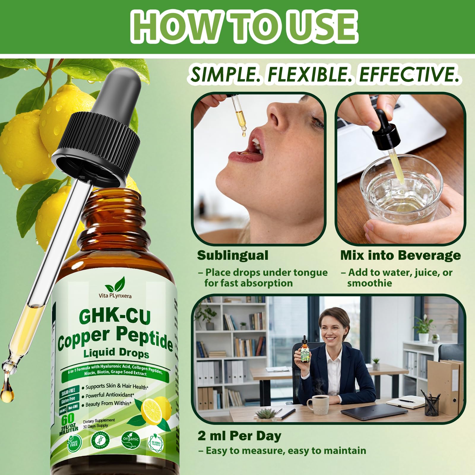 Vita PLynxera GHK-CU Peptide Supplement Liquid Drops, Premium 6-in-1 GHK CU Copper Peptides w. Marine Collagen Hyaluronic Acid Biotin for Anti-Aging, Skin Hair Growth Support, Oral Drops丨Women Men Vita PLynxera uk supplements