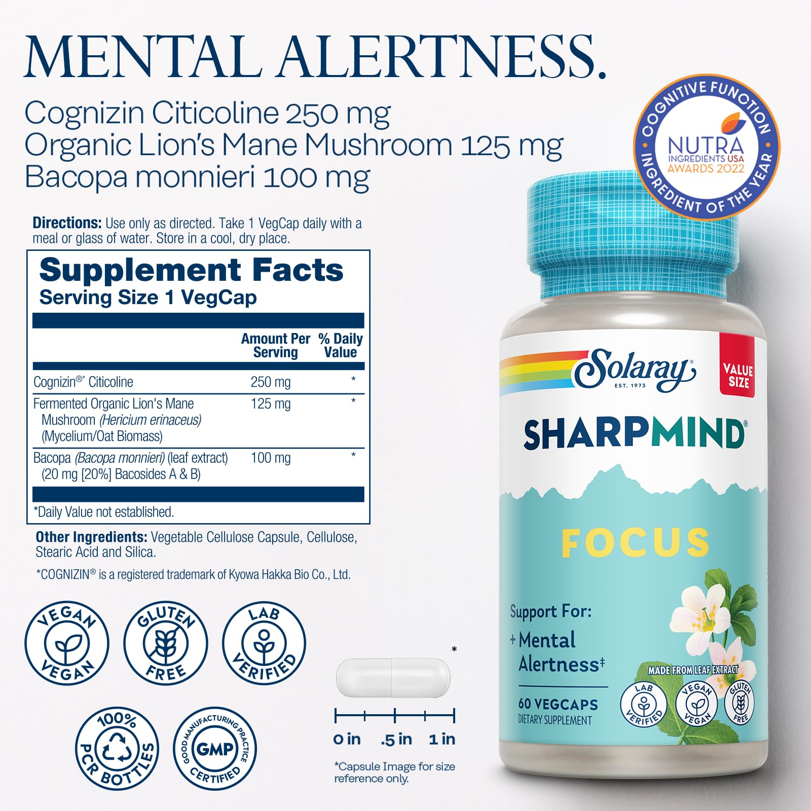 SOLARAY SharpMind Focus, Mental Alertness Nootropic Supplement for Healthy Brain Fog, Cognizin Citicoline, Lions Mane Mushroom, Bacopa Monnieri, 60 Day Money Guarantee, 60 Serv 60 Veg Caps SOLARAY uk supplements